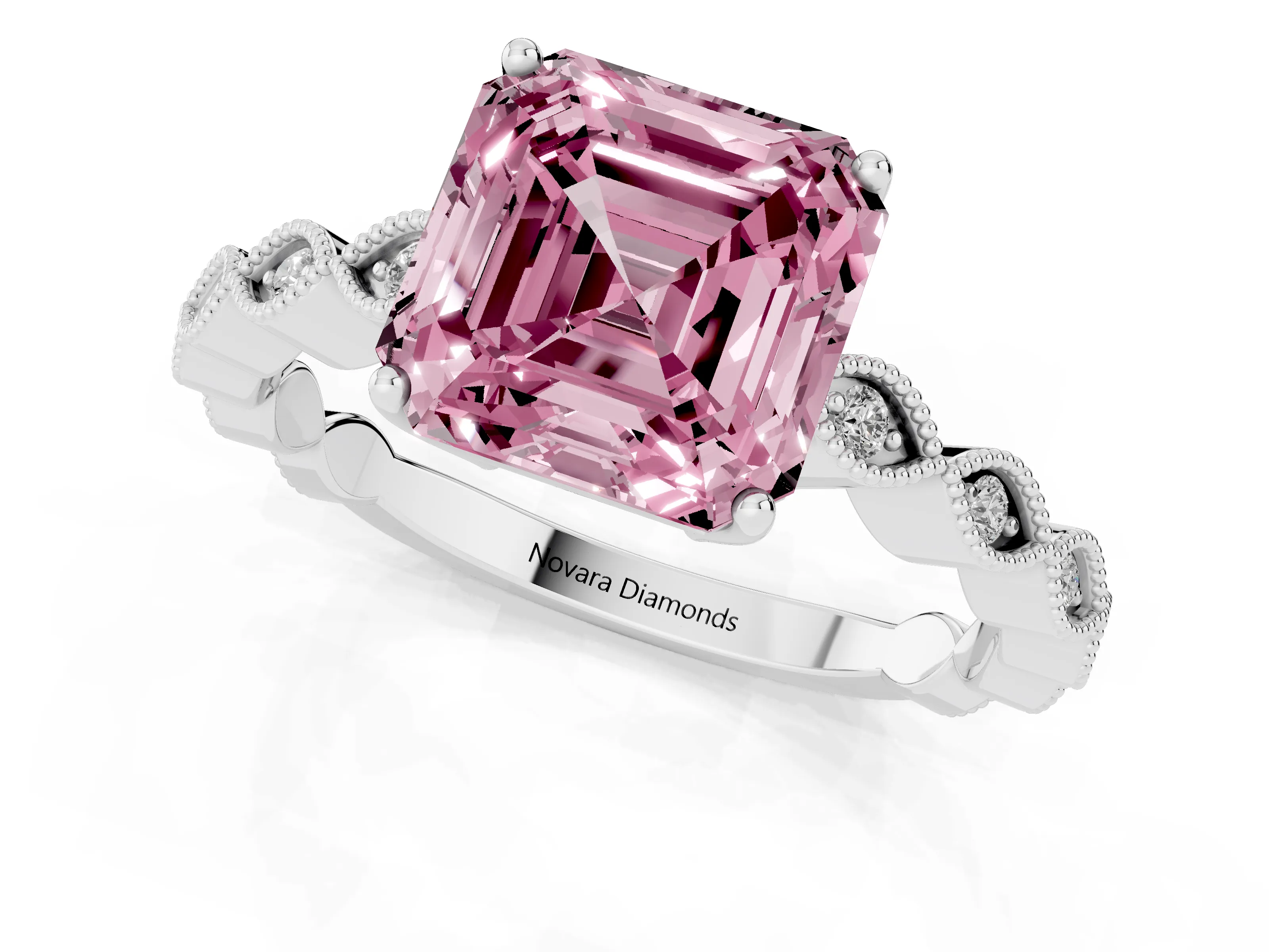 Fancy Pink Asscher Cut Diamond Solitaire Ring Set in White gold with Infinity Twist Pavé Band
