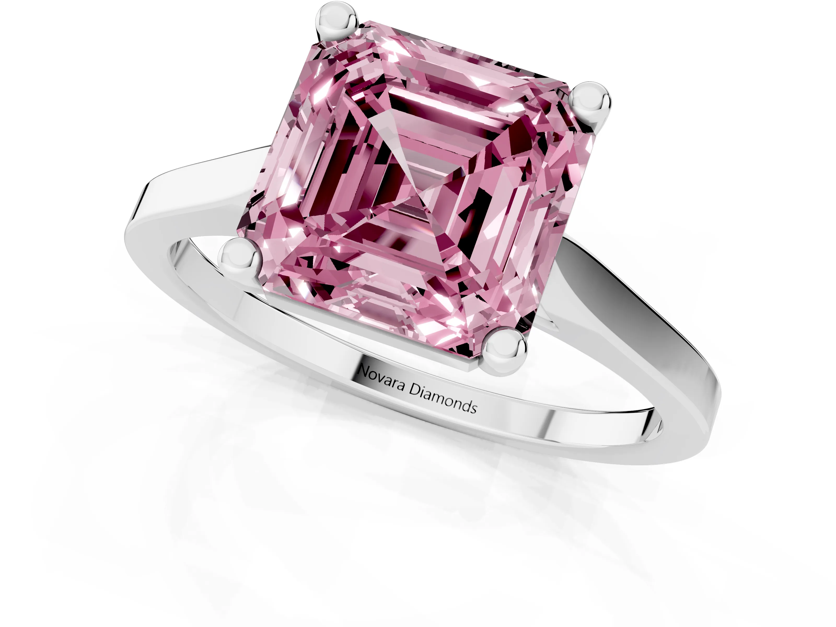 Fancy Pink Asscher Cut Diamond Solitaire Ring Set in White gold with Prong Setting and Tapered Band