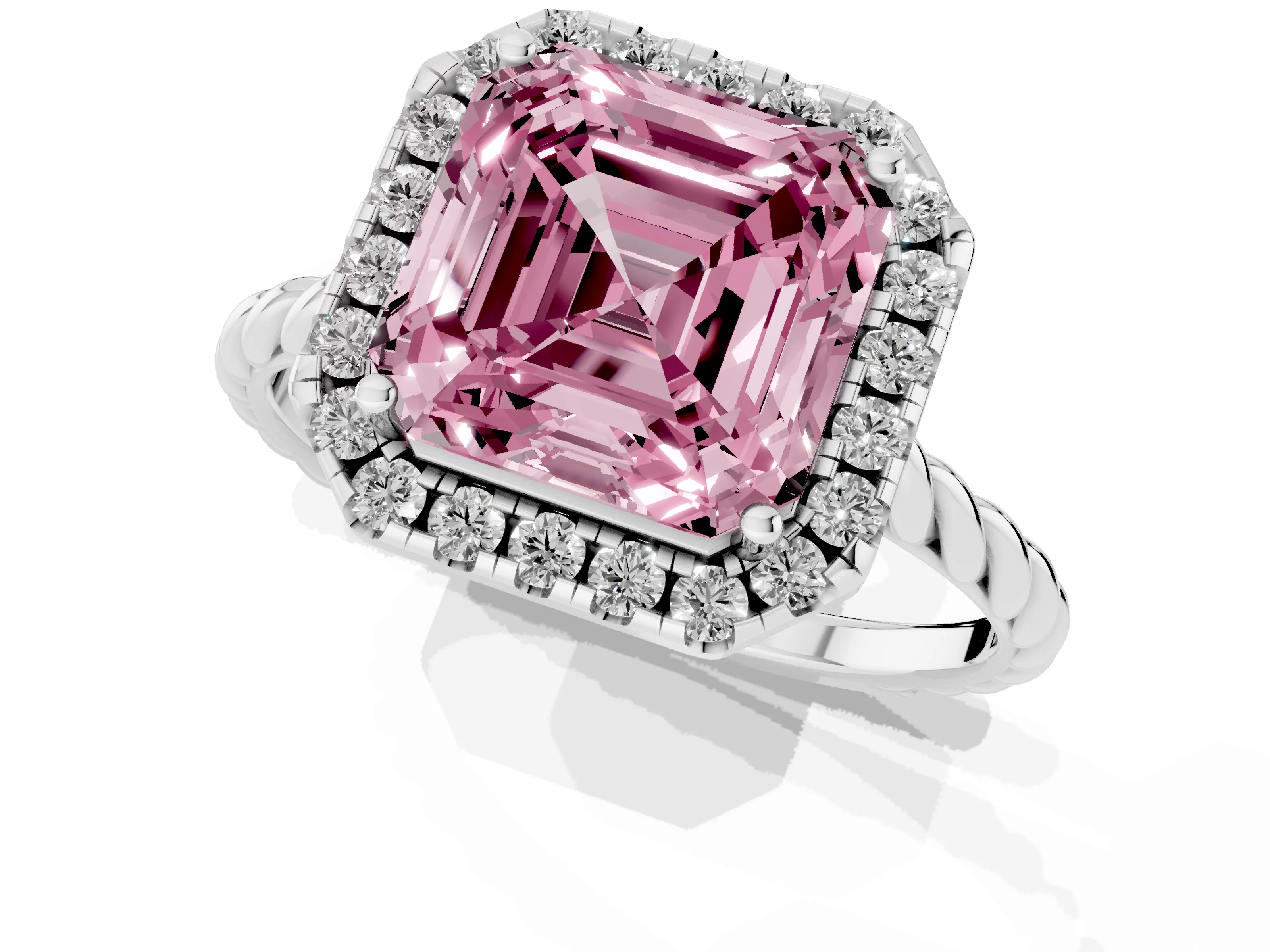 Fancy Pink Asscher Cut Diamond Halo Ring Set in Platinum with Plain Twisted Band