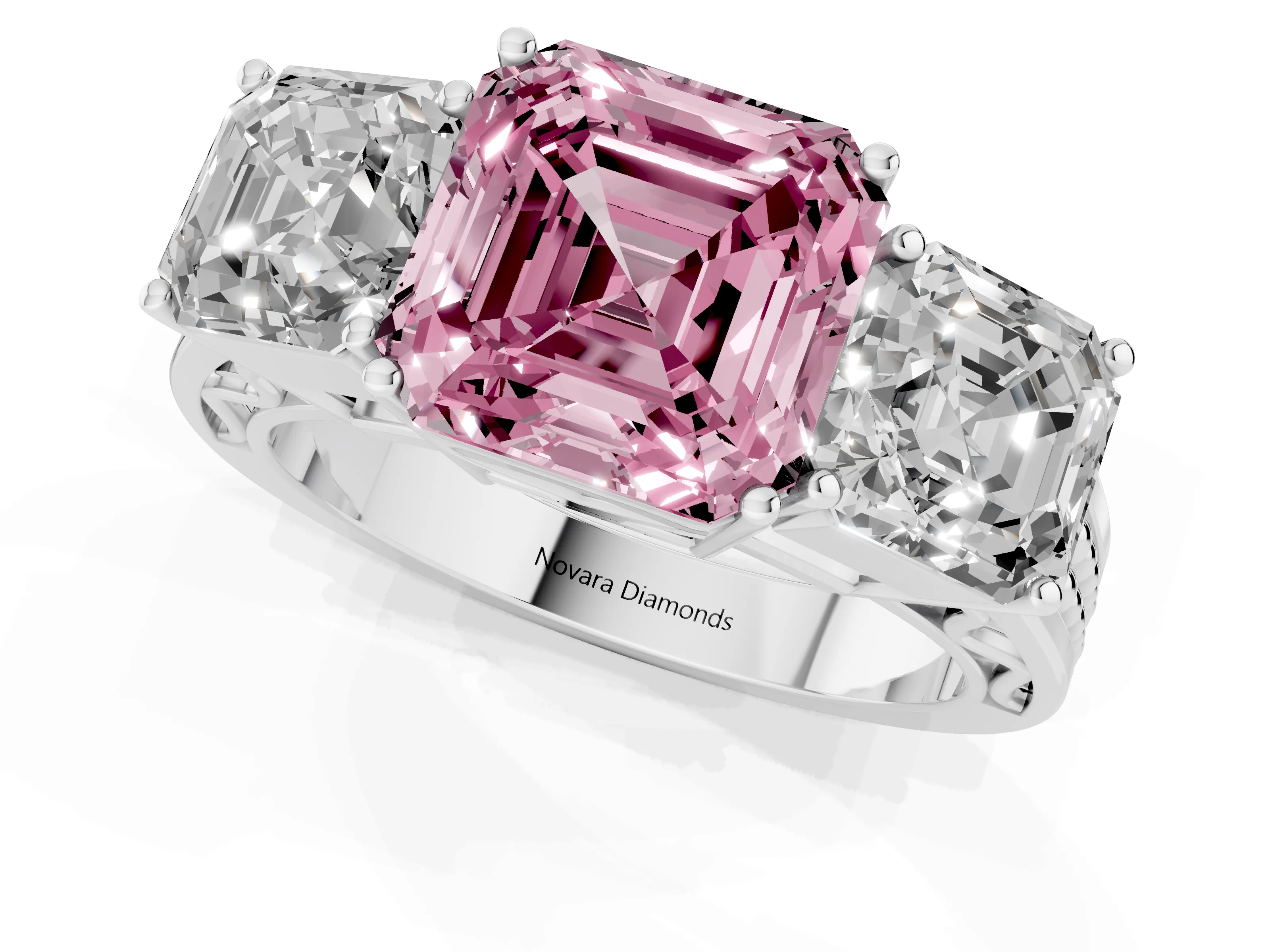 Fancy Pink Asscher Cut Diamond Three-Stone Ring Set in White gold with Textured Band