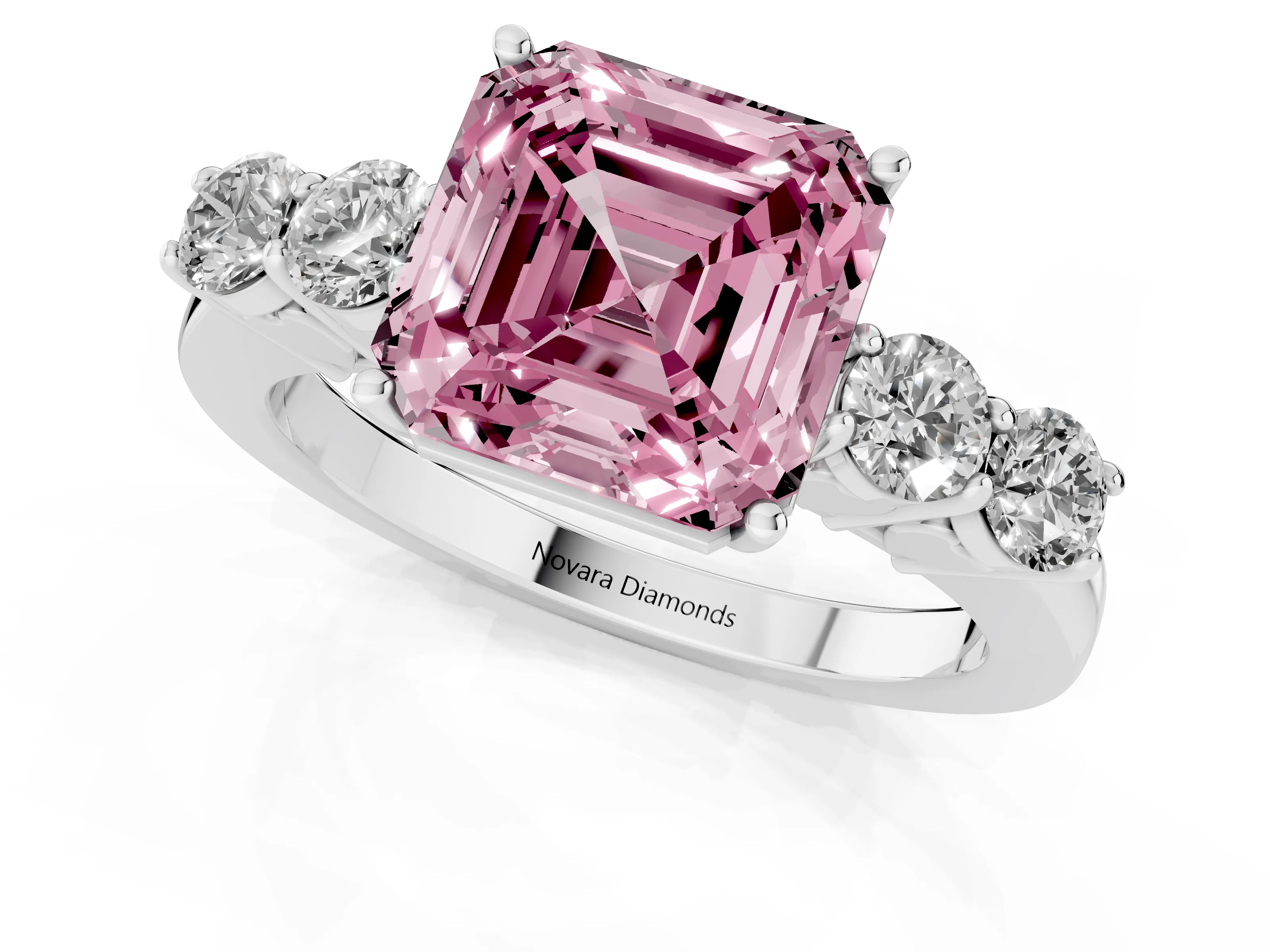 Fancy Pink Asscher Cut Diamond Five-Stone Prong Set Band Ring Set in Platinum with Polished Band