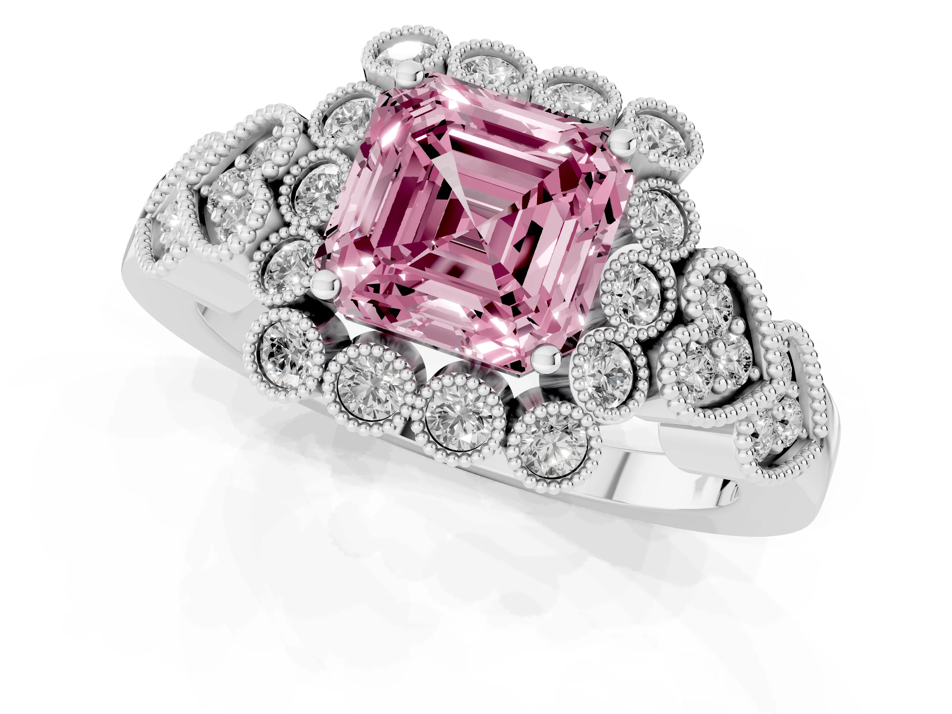Fancy Pink Asscher Cut Diamond Solitaire Ring Set in White gold with Milgrain Pavé Heart Band – second view
