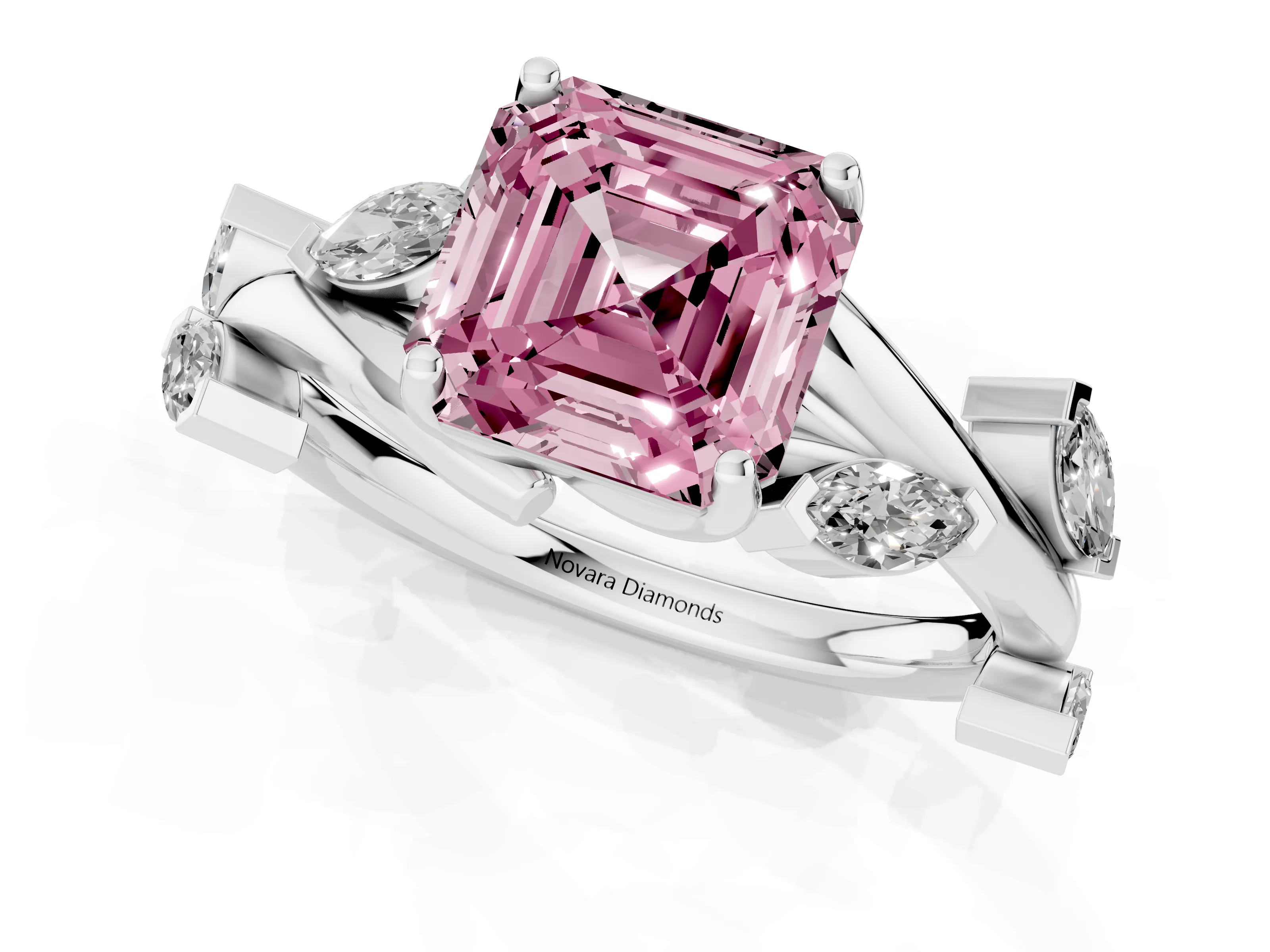 Fancy Pink Asscher Cut Diamond Solitaire Ring Set in White gold with Twisted Marquise Accent Band