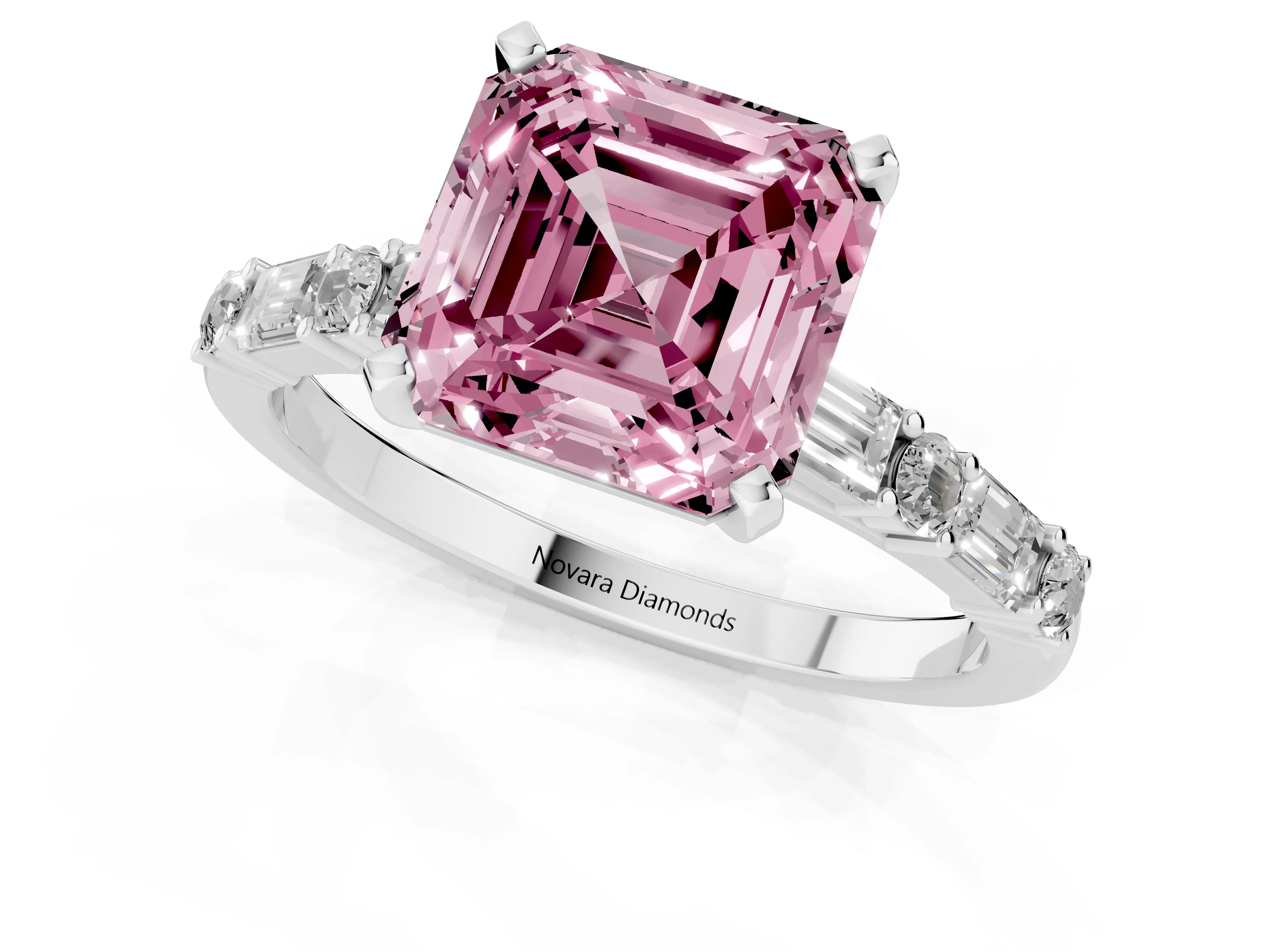 Fancy Pink Asscher Cut Diamond Solitaire Set in Silver with Side Baguettes and Channel Set Band