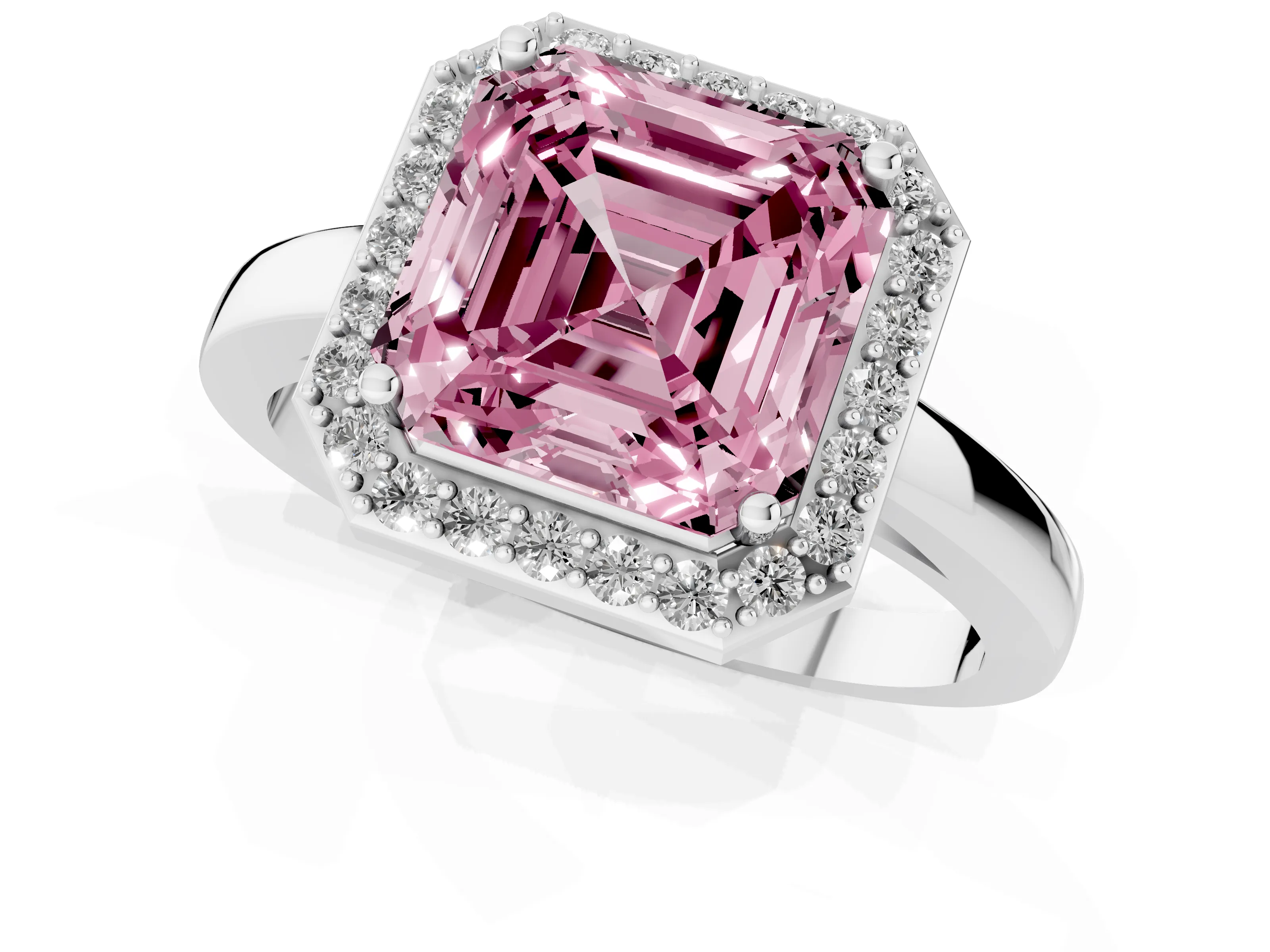Fancy Pink Asscher Cut Diamond Halo Ring Set in Platinum with Solitaire Band and Prong Setting