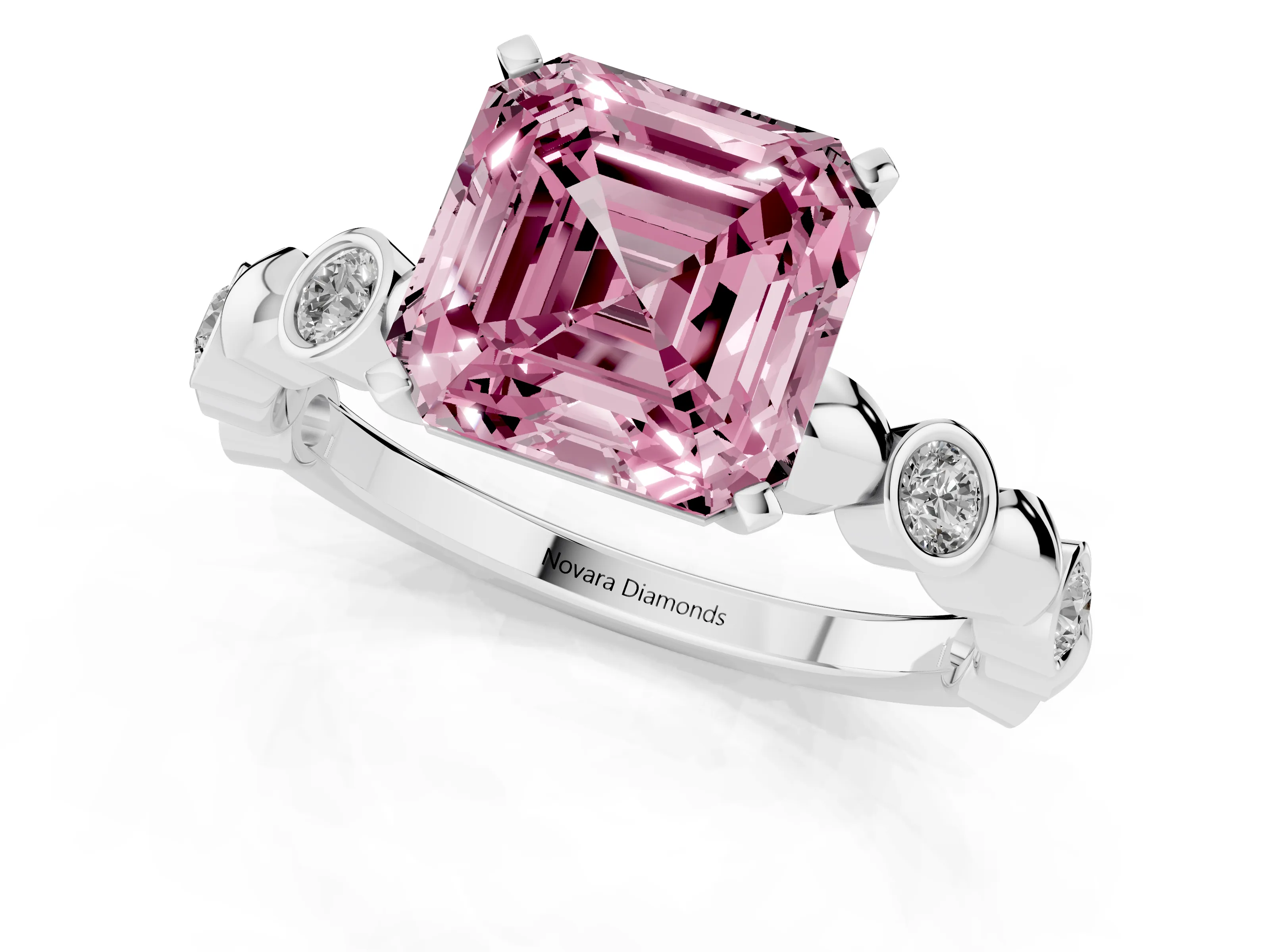 Fancy Pink Asscher Cut Diamond Solitaire Ring Set in White gold with Bezel-Set Accents on Beaded Band and Prong Setting