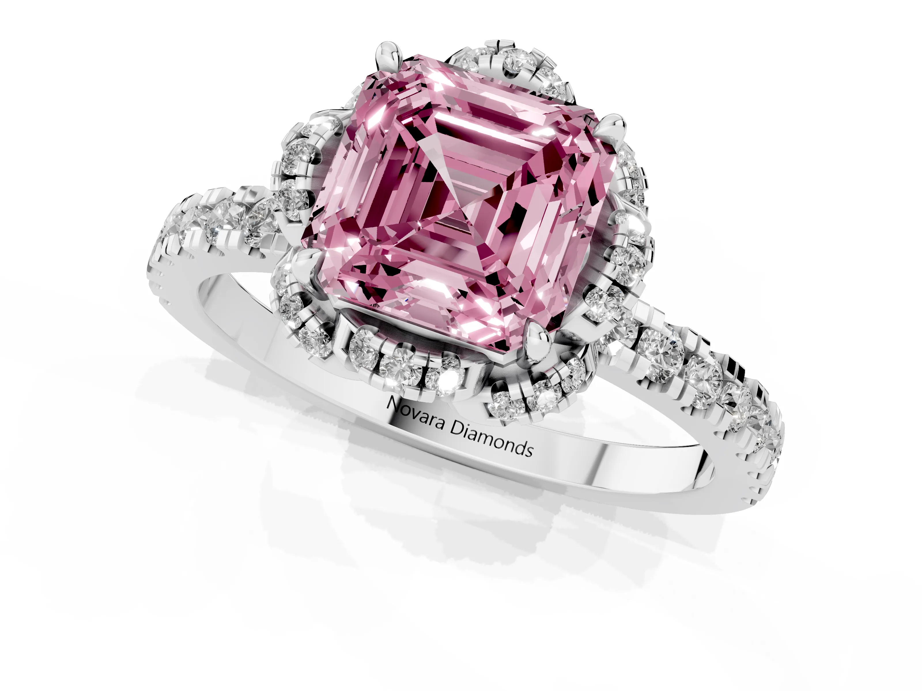 Fancy Pink Asscher Cut Diamond Halo Pavé Band Ring Set in Silver with Prong-Held Center