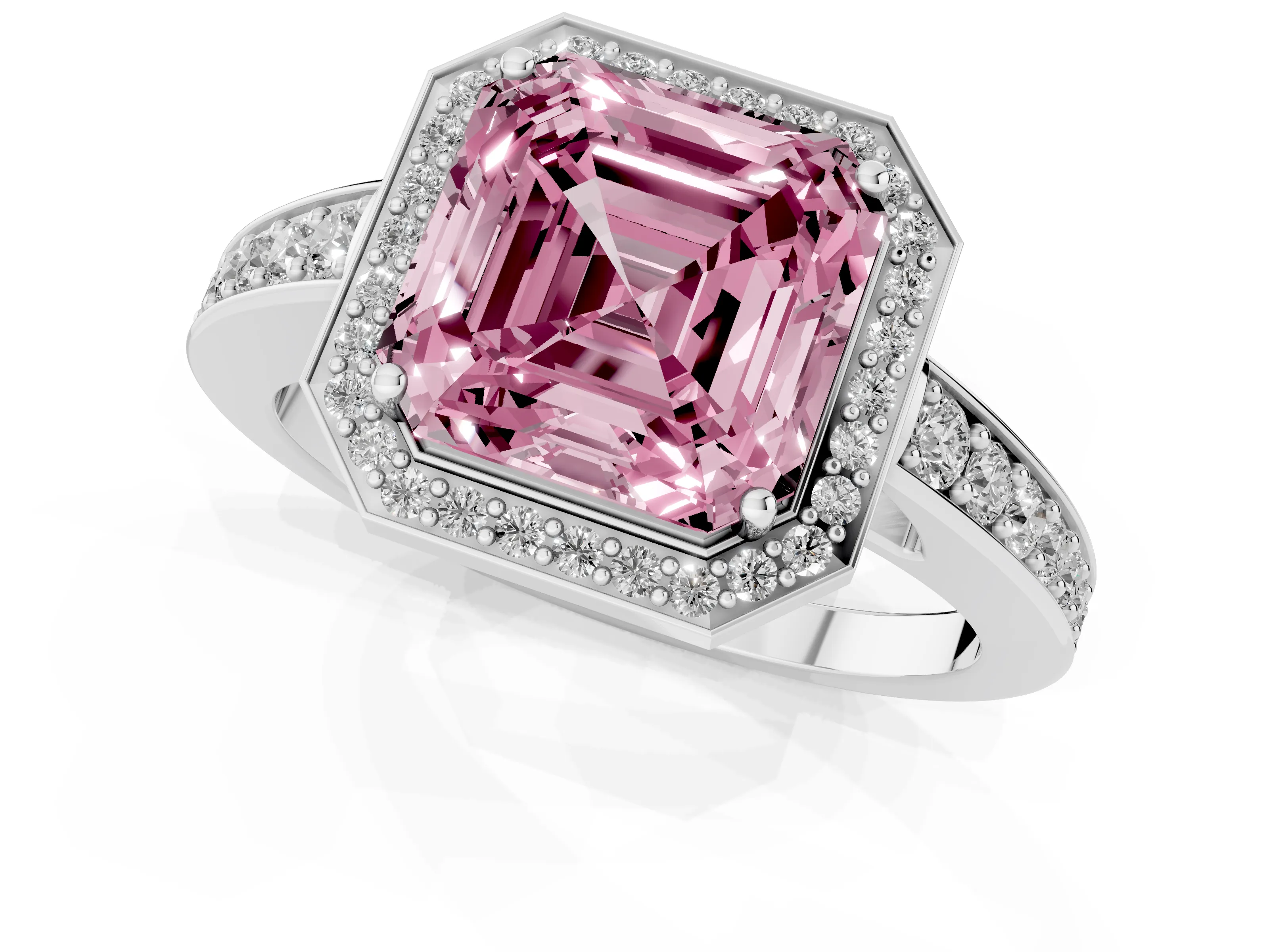 Fancy Pink Asscher Cut Diamond Halo Pavé Engagement Ring Set in Silver with Bezel Setting