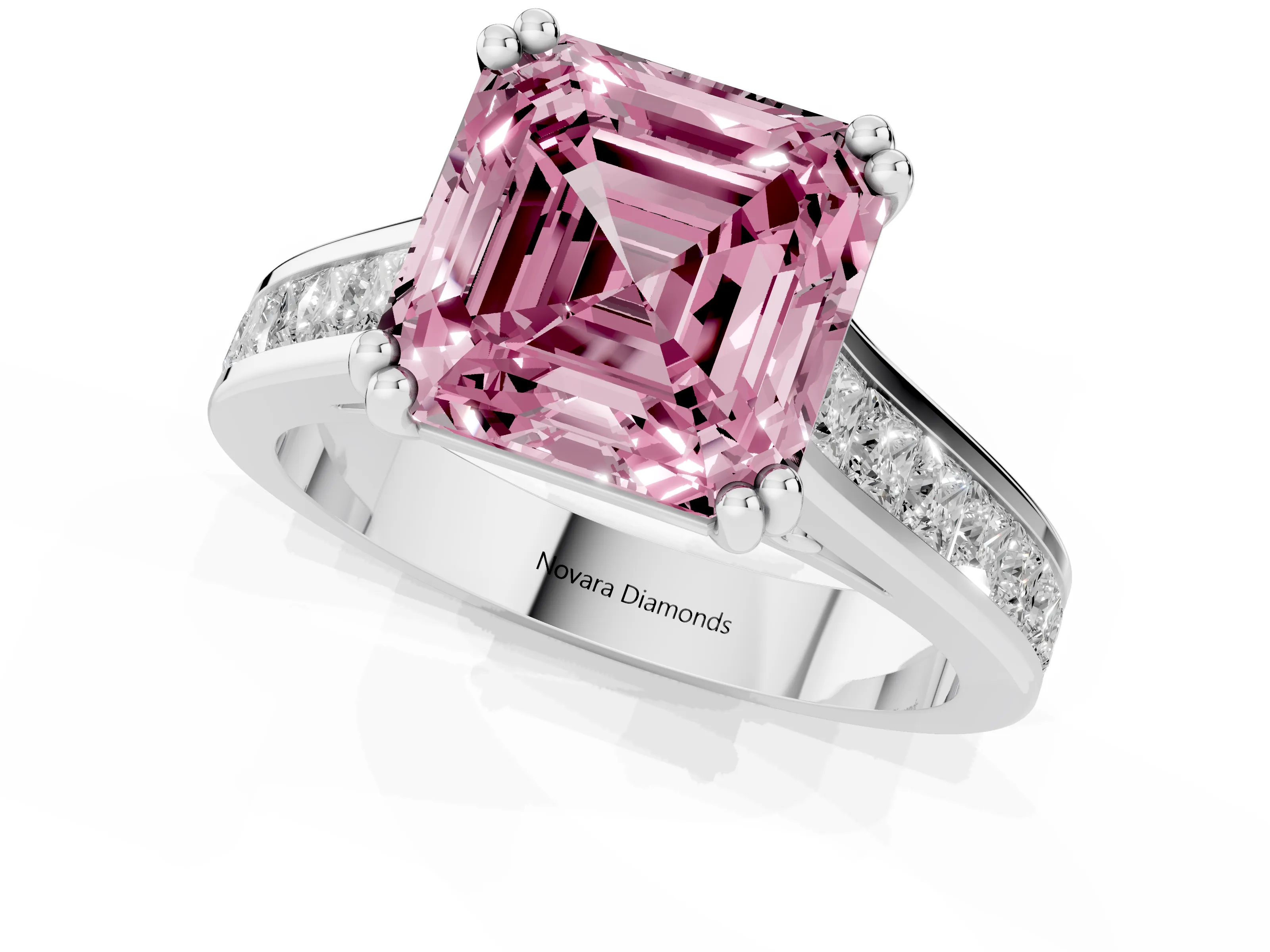 Fancy Pink Asscher Cut Diamond Channel Set Solitaire Engagement Ring Set in Silver with Prong Setting