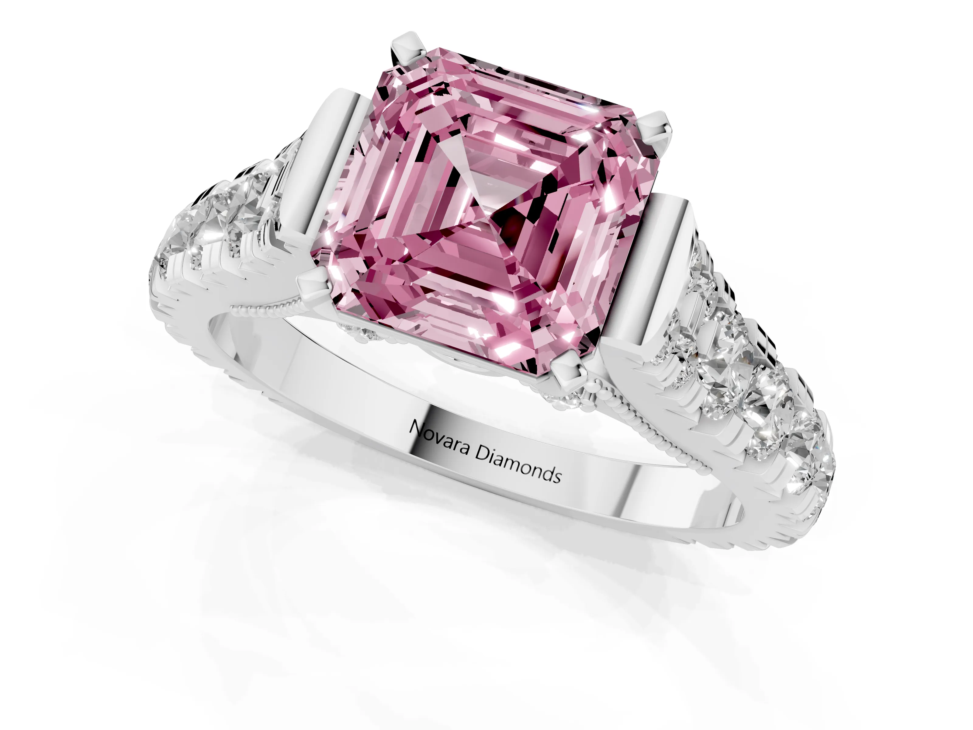 Fancy Pink Asscher Cut Diamond Classic Solitaire Ring Set in Platinum with Pavé Band and Prong Setting