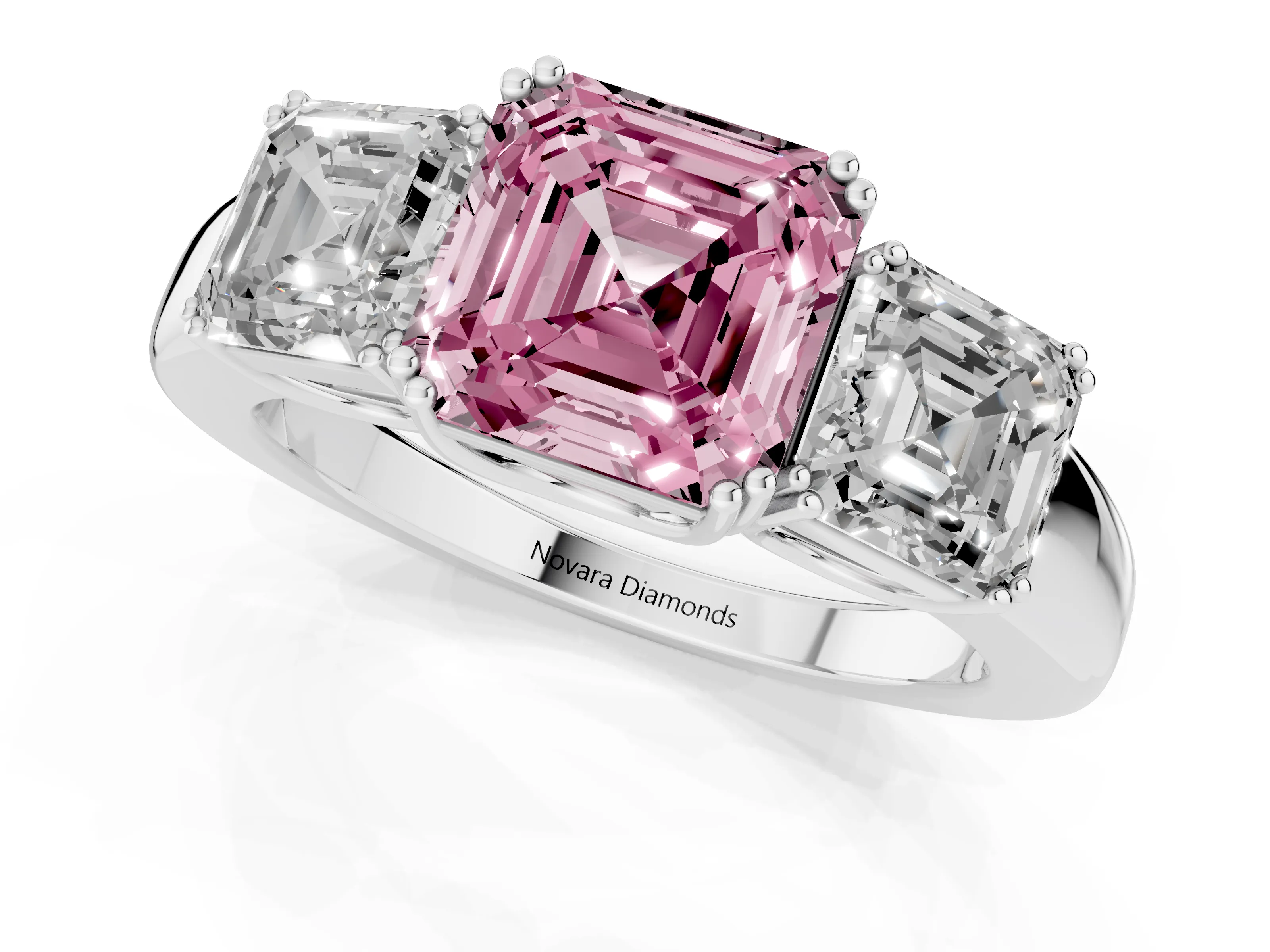 Fancy Pink Asscher Cut Diamond Three-Stone Ring Set in Silver with Polished Band and Prong Setting