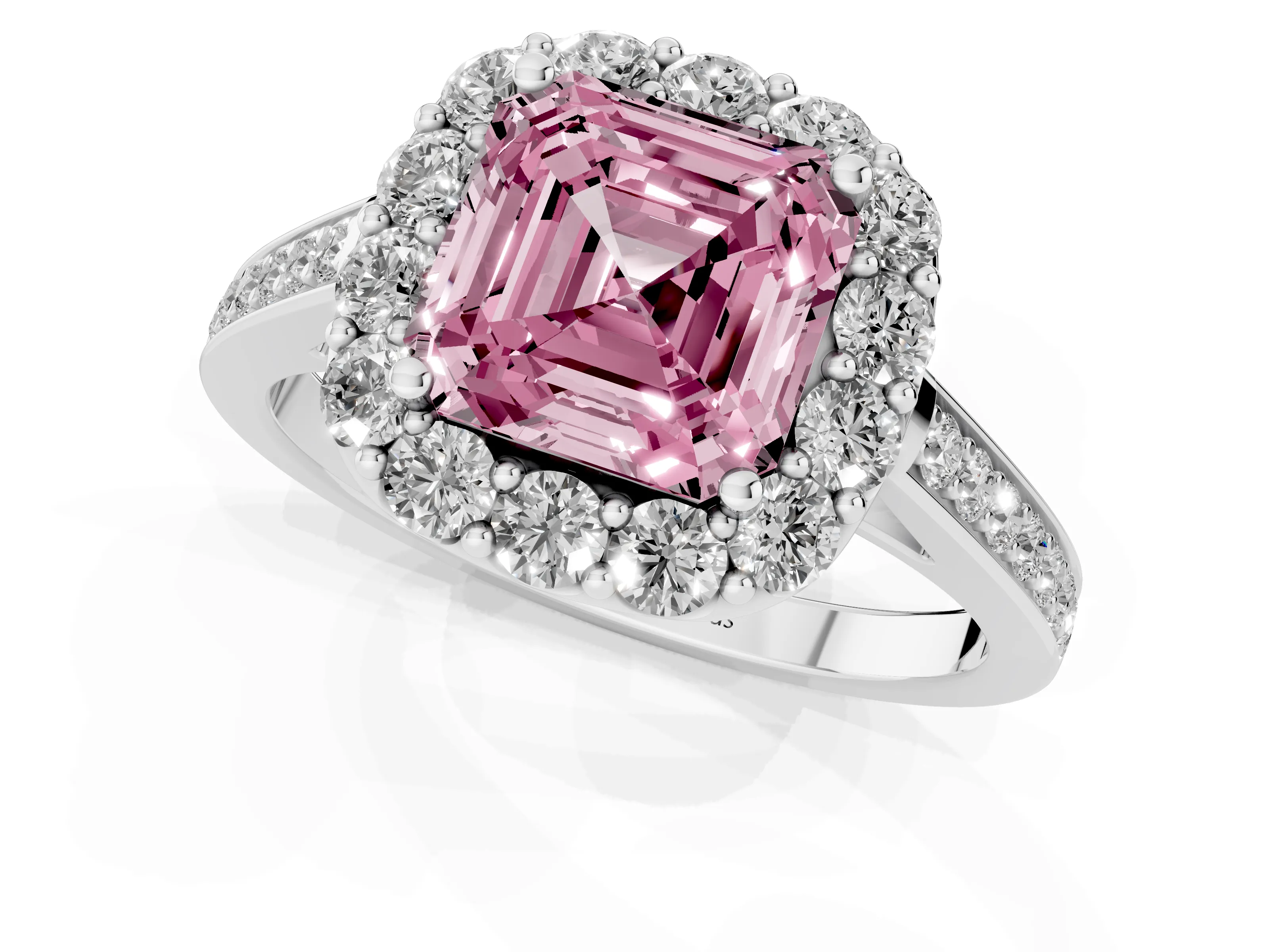 Fancy Pink Asscher Cut Diamond Floral Halo Ring Set in Platinum with Pavé Band and Prong Setting