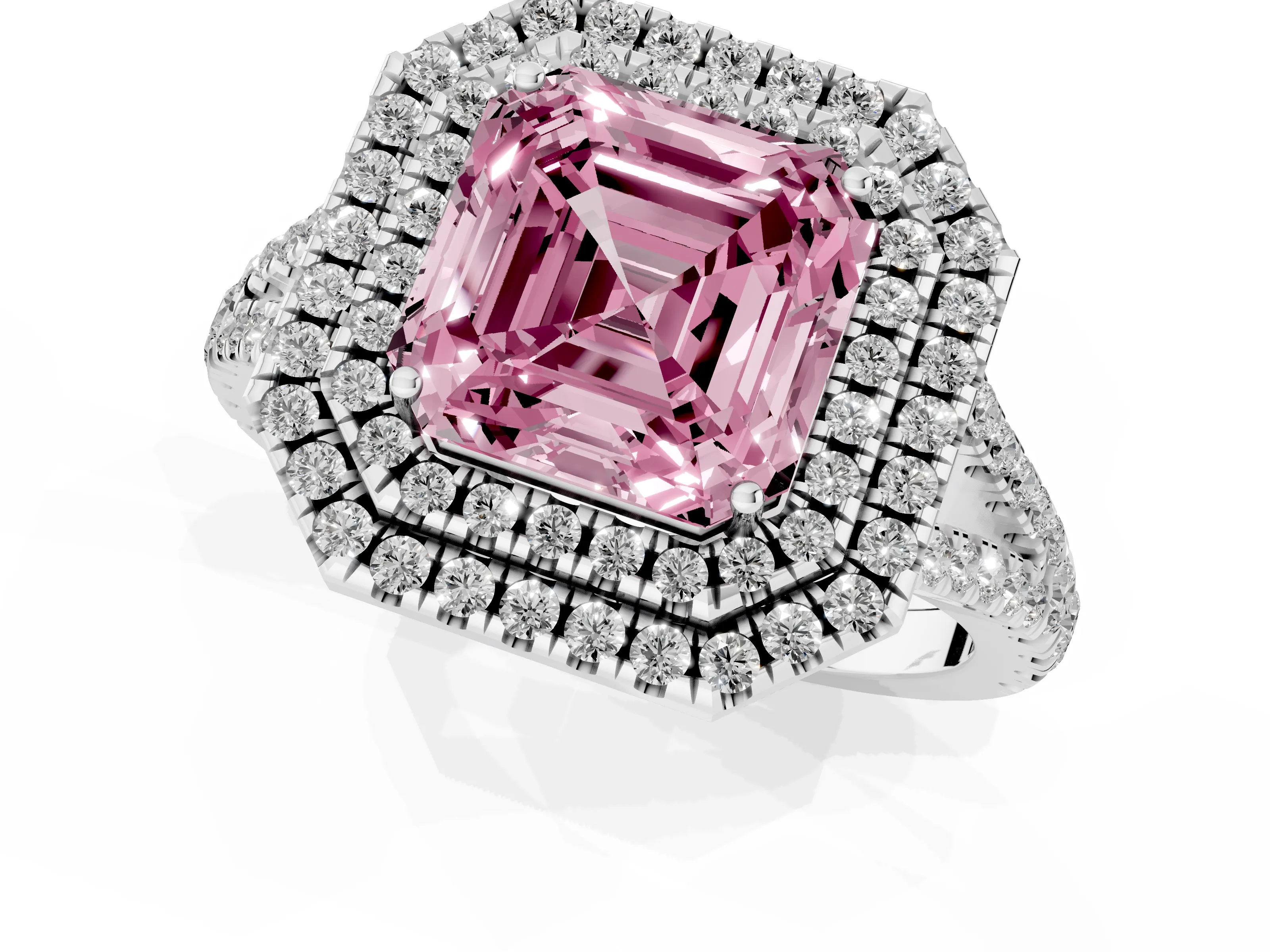 Fancy Pink Asscher Cut Diamond Double Halo Ring Set in Platinum with Pavé Band
