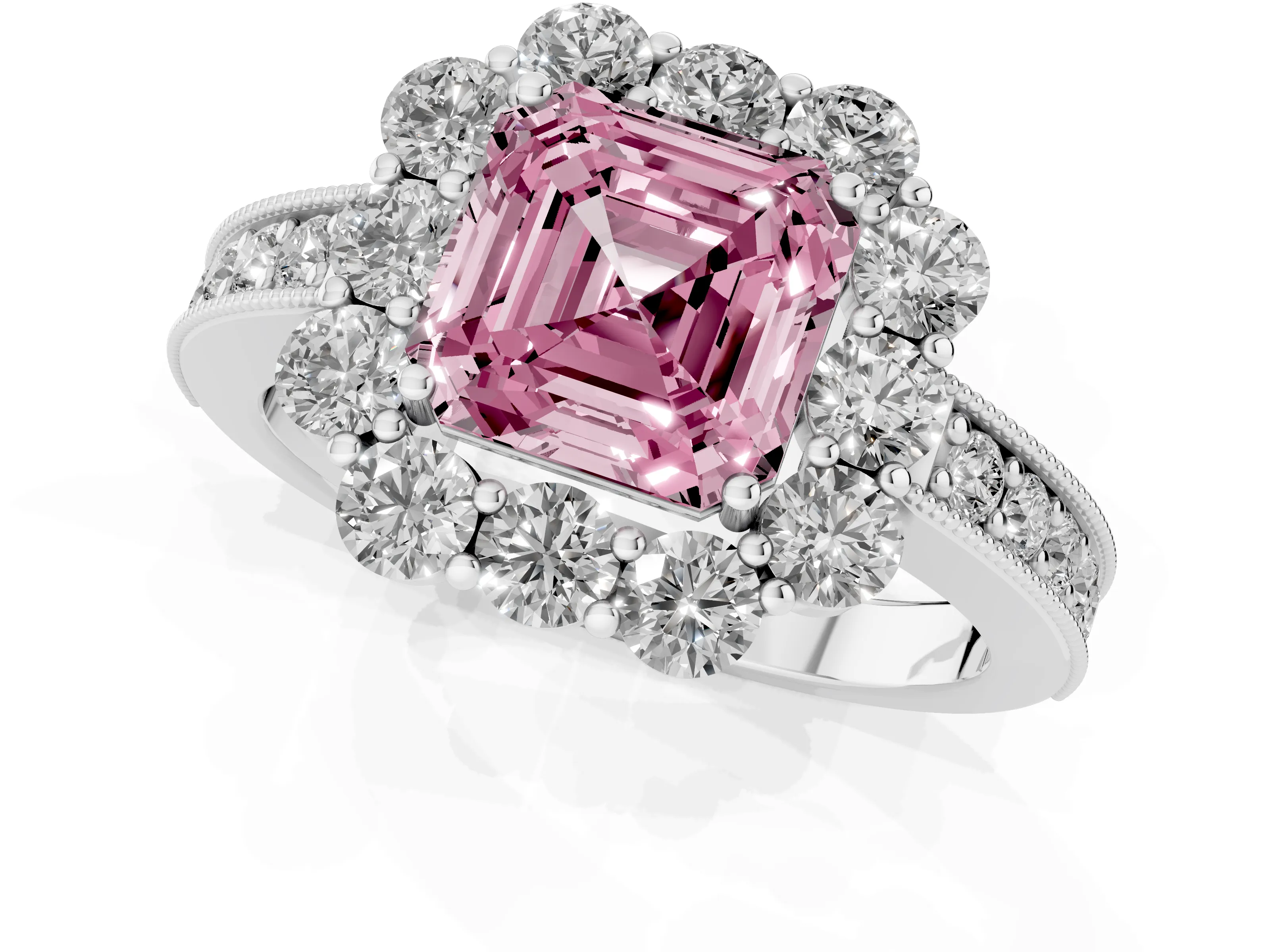 Fancy Pink Asscher Cut Diamond Halo Pavé Engagement Ring Set in White gold with Milgrain Detailing