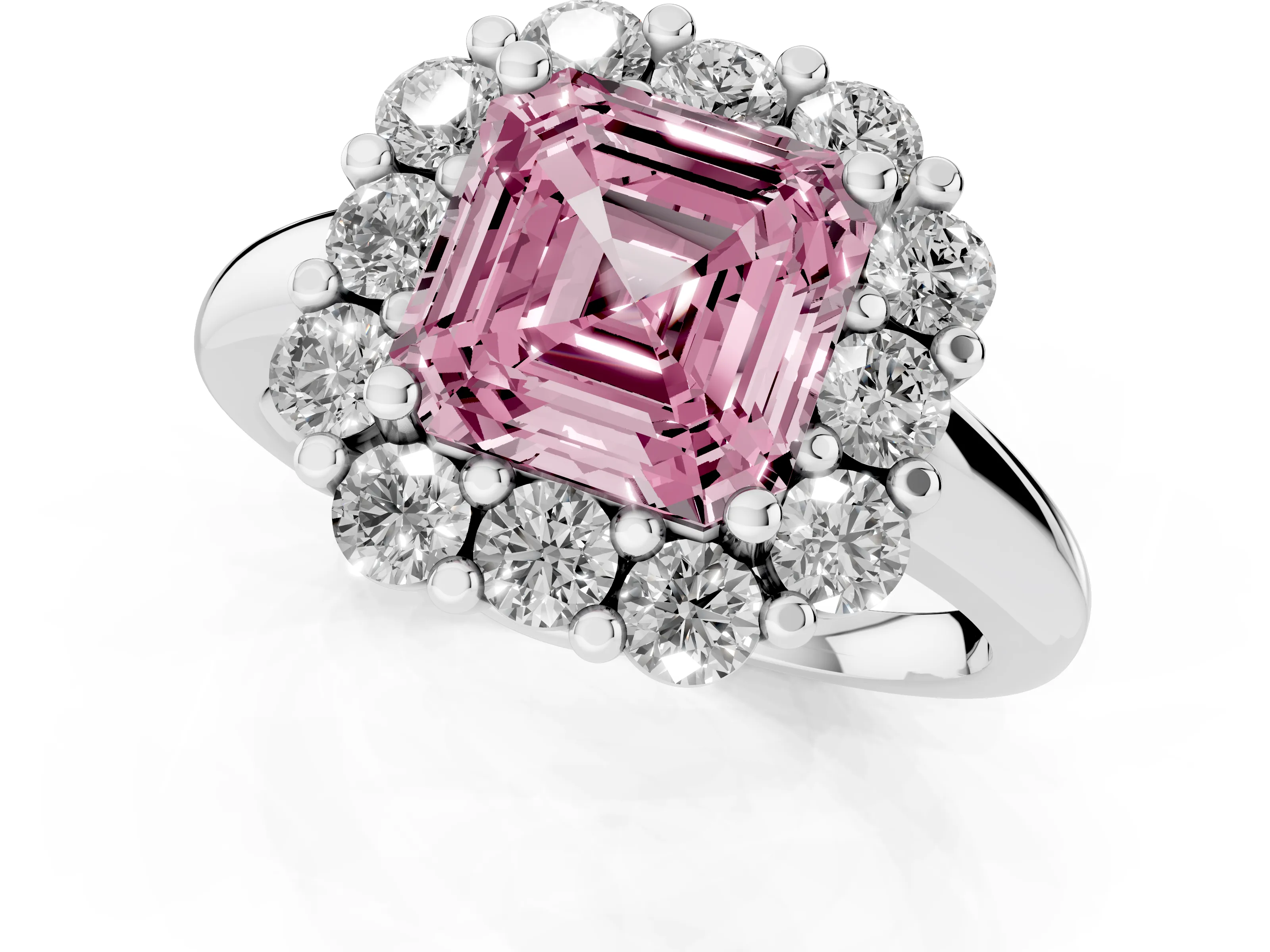 Fancy Pink Asscher Cut Diamond Halo Cluster Engagement Ring Set in White gold with Polished Band and Prong Setting