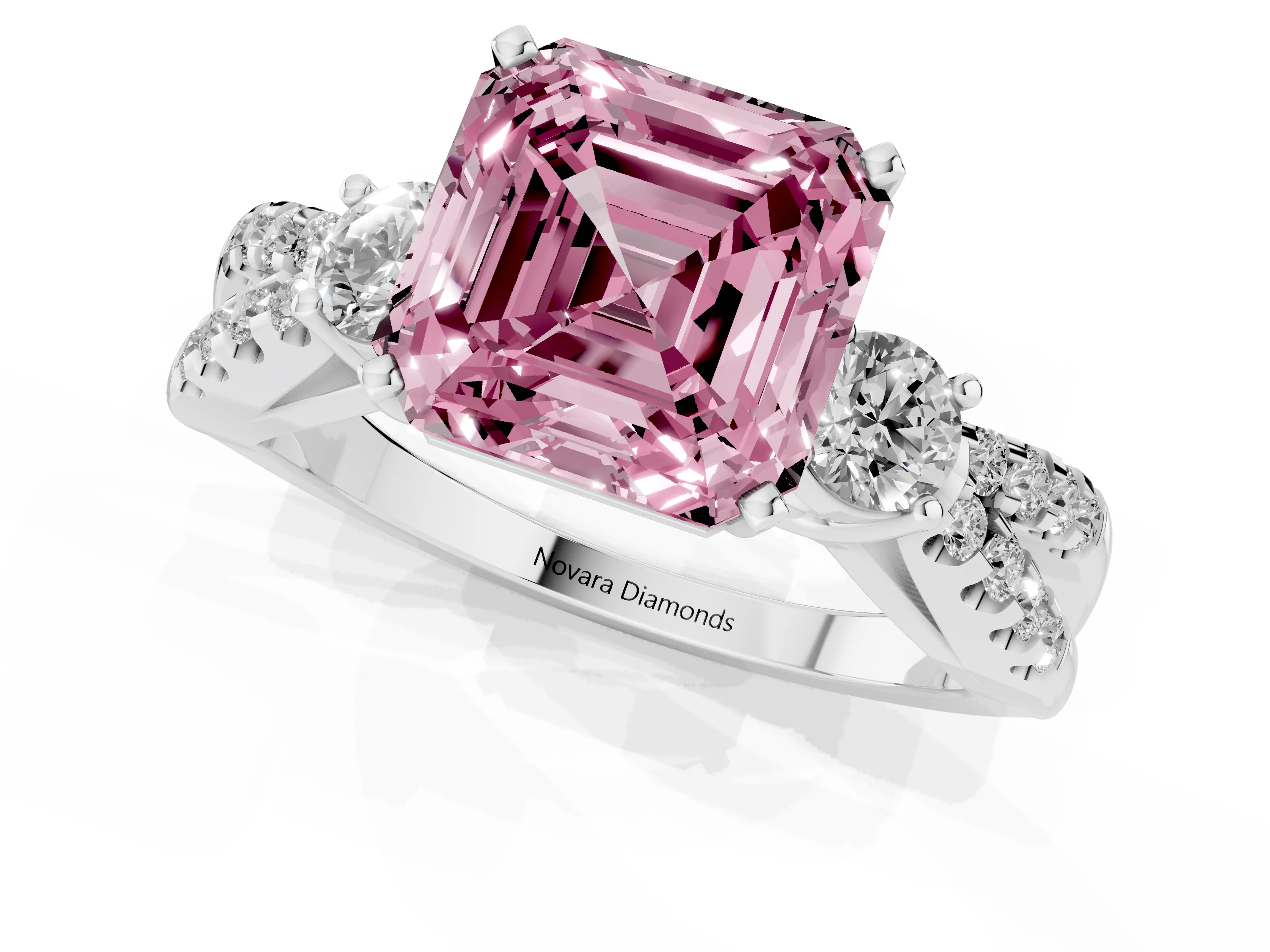 Fancy Pink Asscher Cut Diamond Three-Stone Ring Set in Platinum with Pavé Split Shank and Prong Setting
