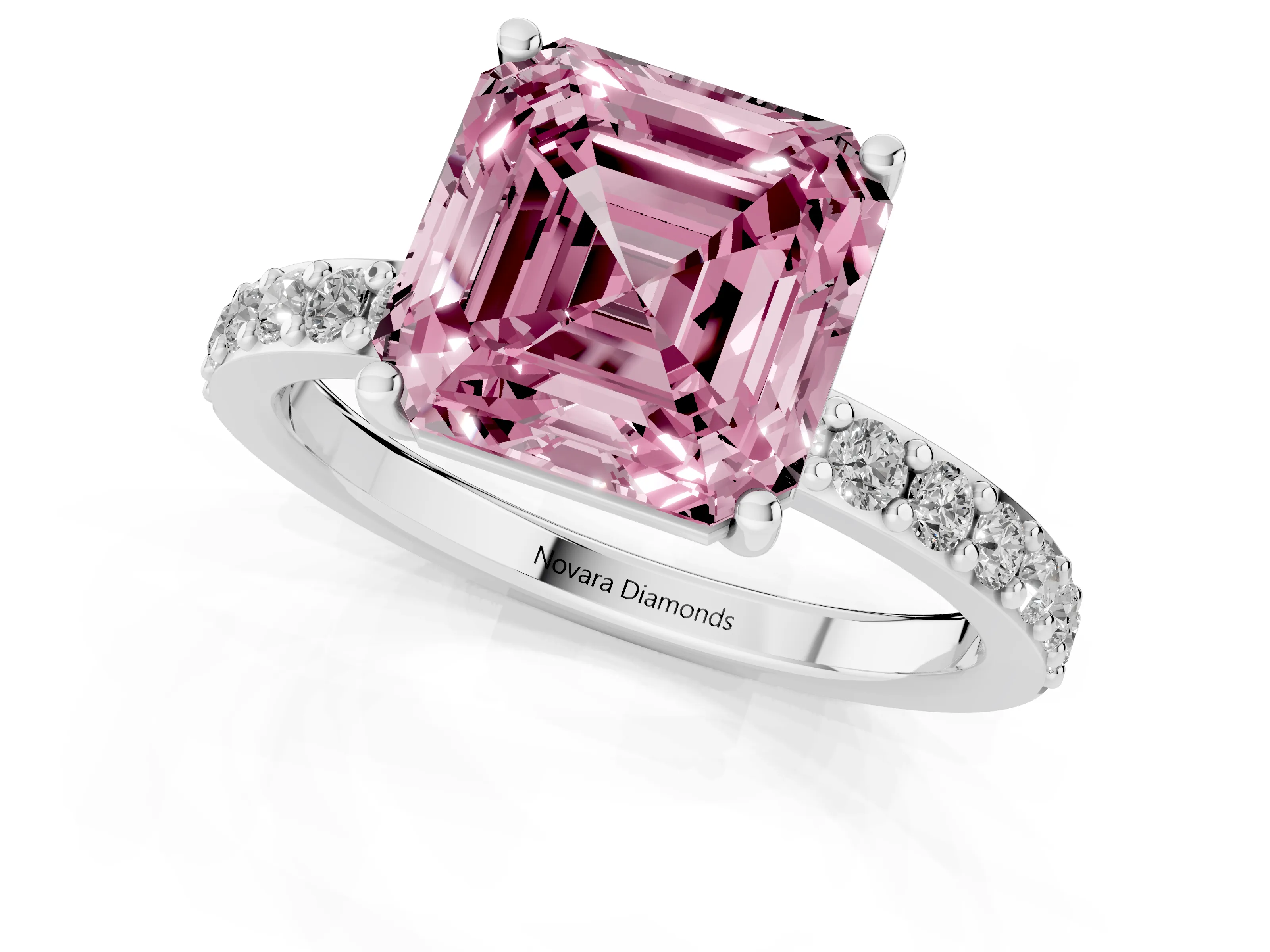 Fancy Pink Asscher Cut Diamond Solitaire Set in White gold with Round Pavé Band and Prong Setting