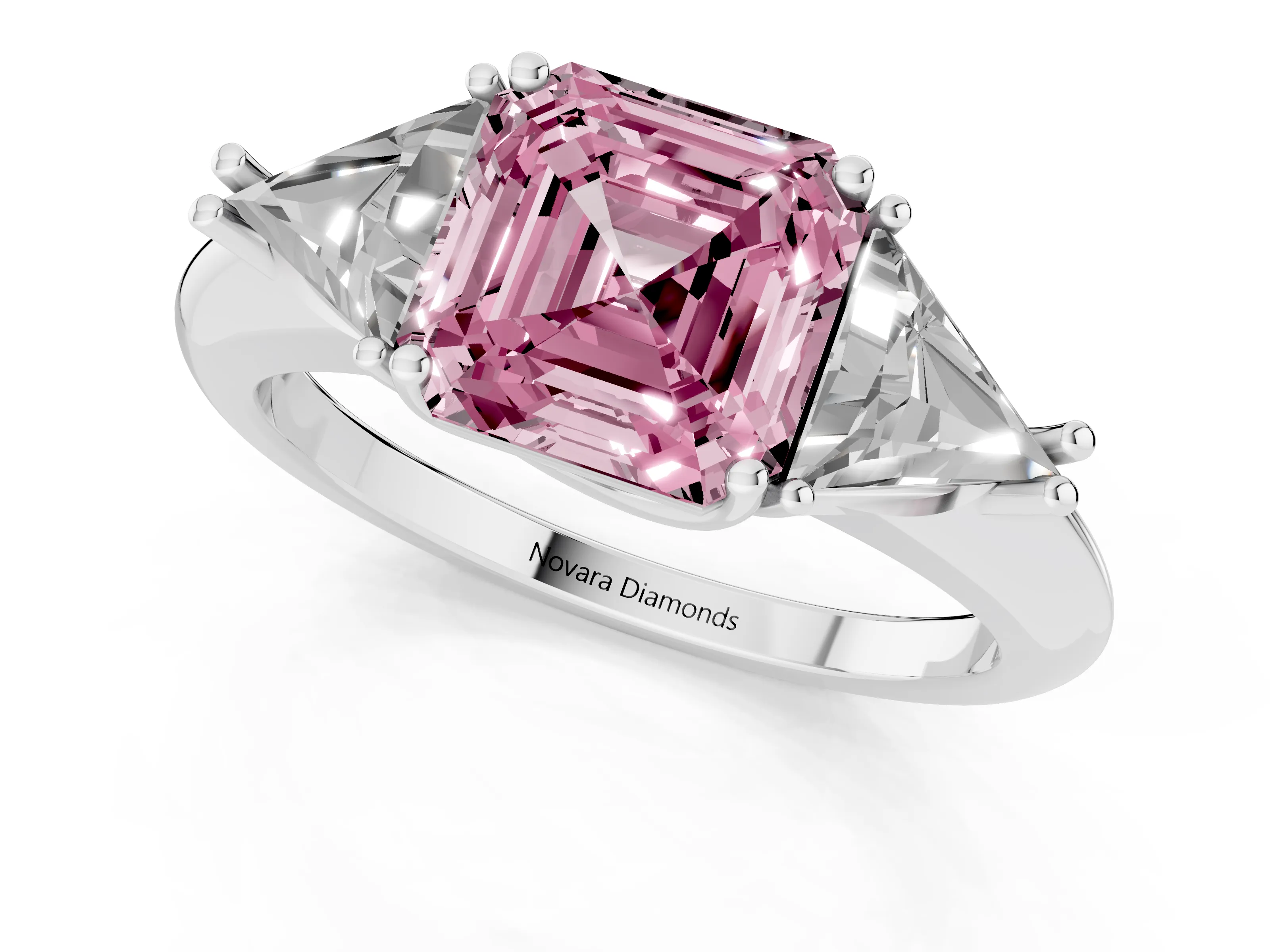 Fancy Pink Asscher Cut Diamond Three-Stone Engagement Ring Set in White gold with Trillion Side Stones