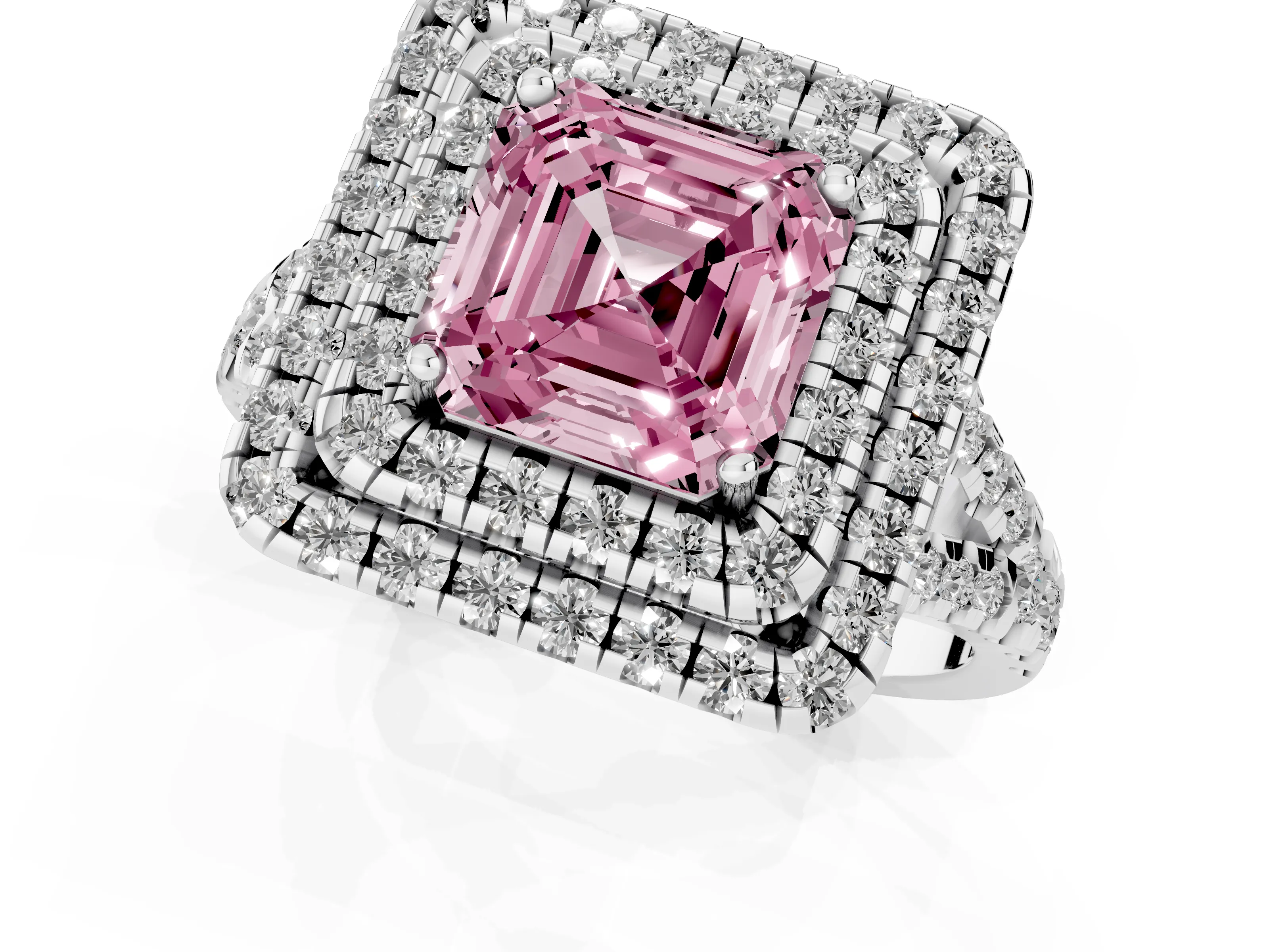 Fancy Pink Asscher Cut Diamond Double Halo Ring Set in Silver with Pavé Split Shank and Prong Setting