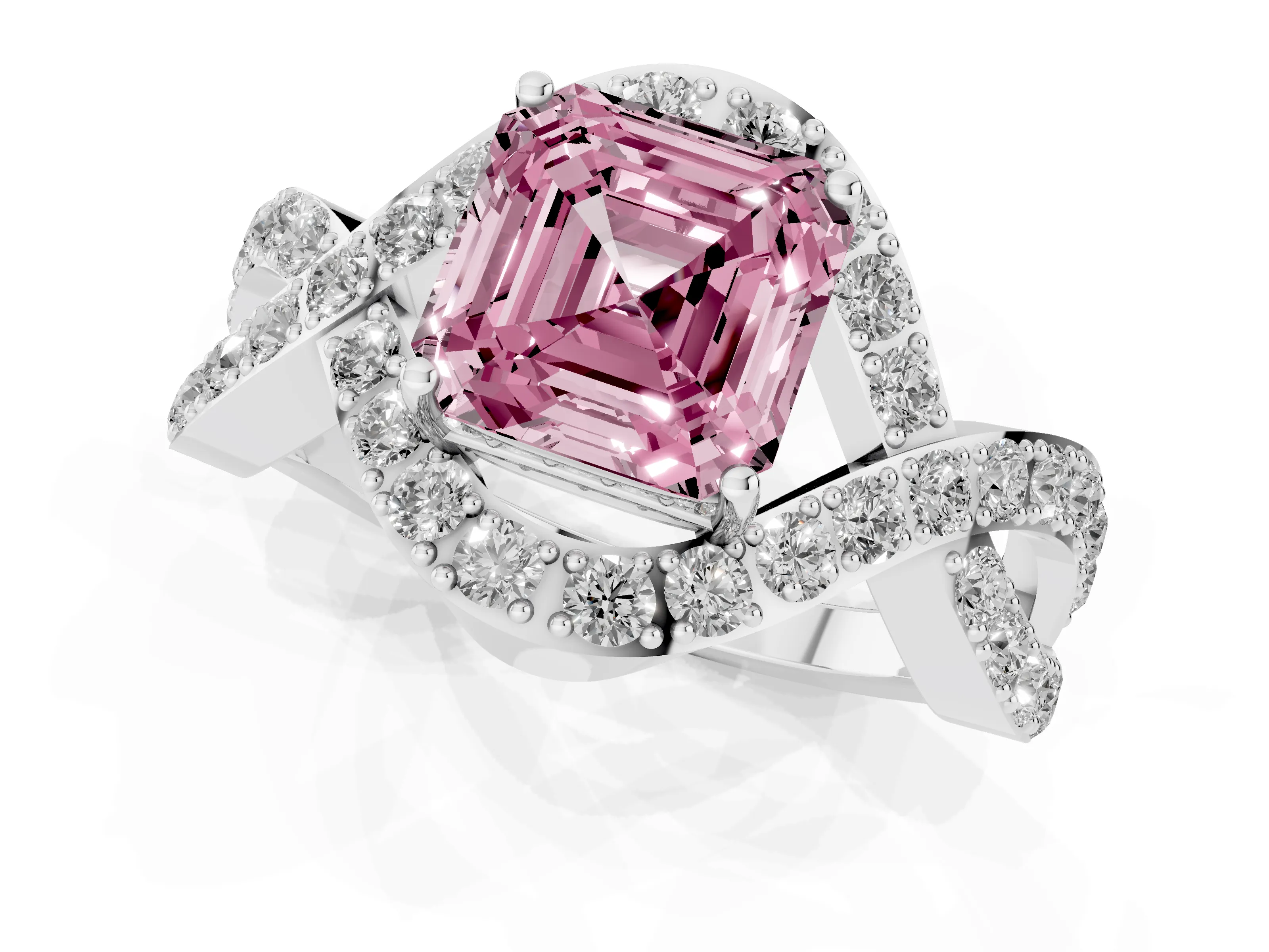 Fancy Pink Asscher Cut Diamond Solitaire Twist Band Pavé Engagement Ring Set in Platinum