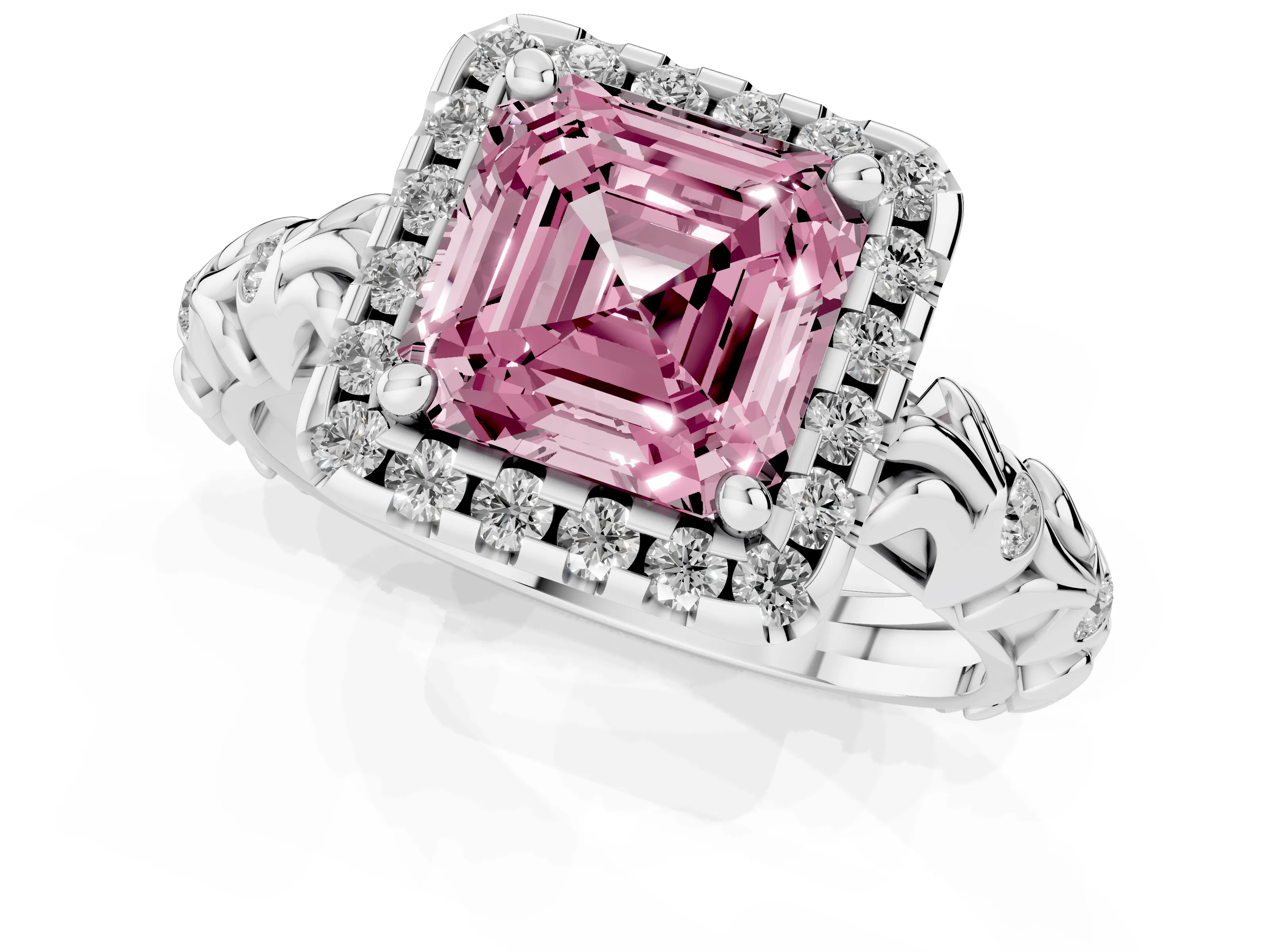 Fancy Pink Asscher Cut Diamond Halo Ring Set in Platinum with Filigree Leaf Band and Prong Setting
