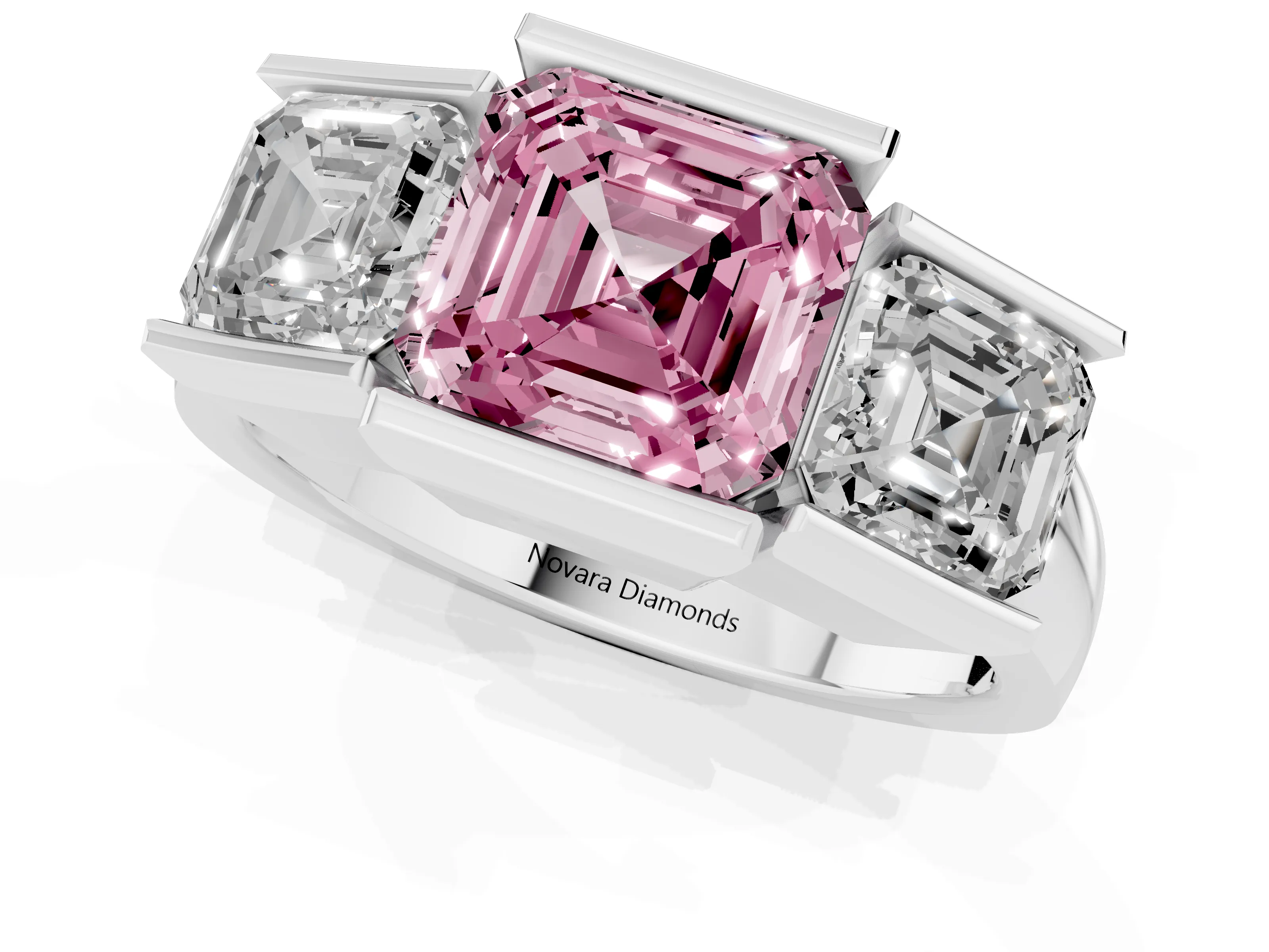 Fancy Pink Asscher Cut Diamond Three-Stone Channel Set Ring Set in White gold with Smooth Polished Band