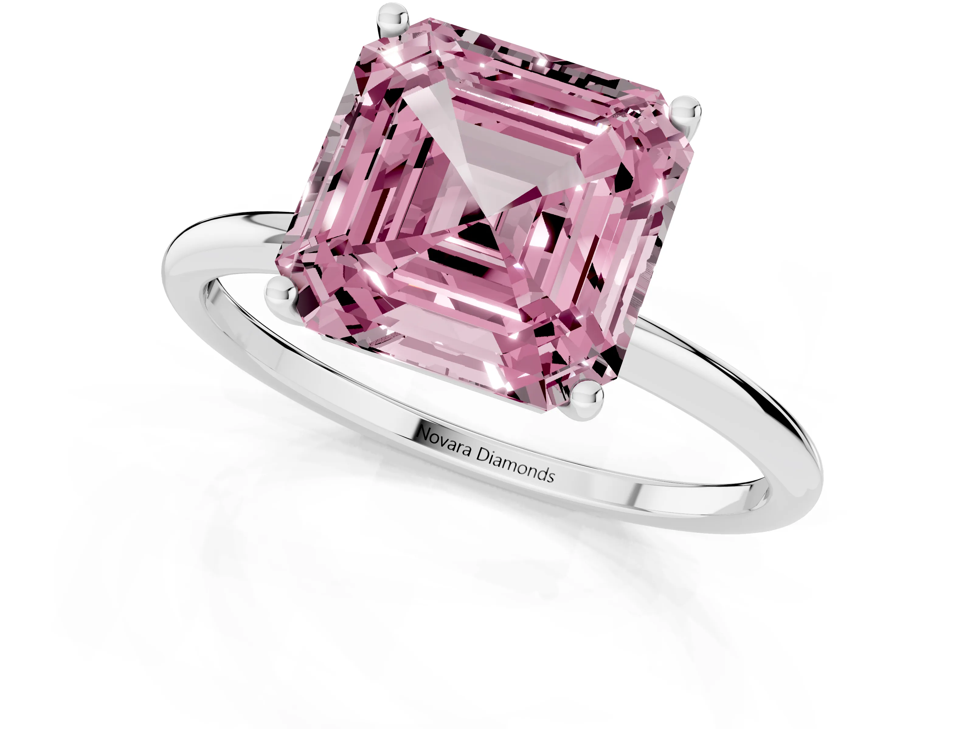Fancy Pink Asscher Cut Diamond Solitaire Engagement Ring Set in Platinum with Thin Band and Prong Setting – second view
