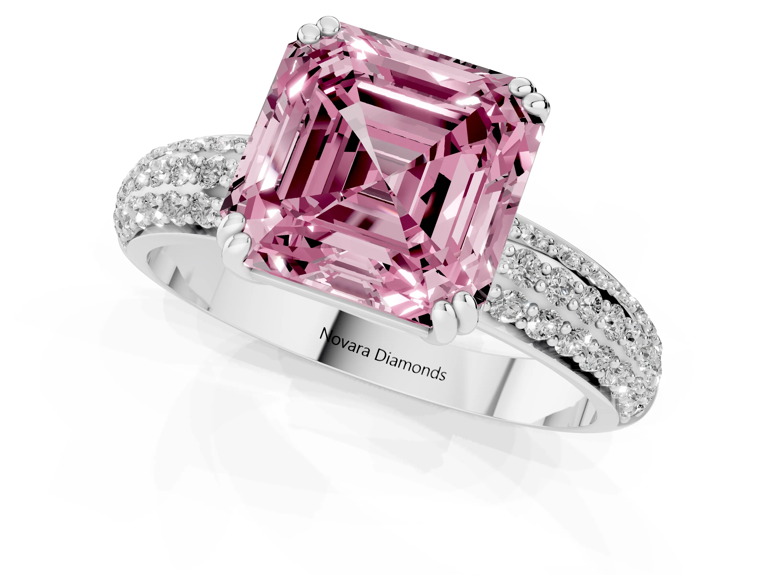 Fancy Pink Asscher Cut Diamond Solitaire Ring Set in Silver with Multi-Row Round Pavé Band and Prong Setting