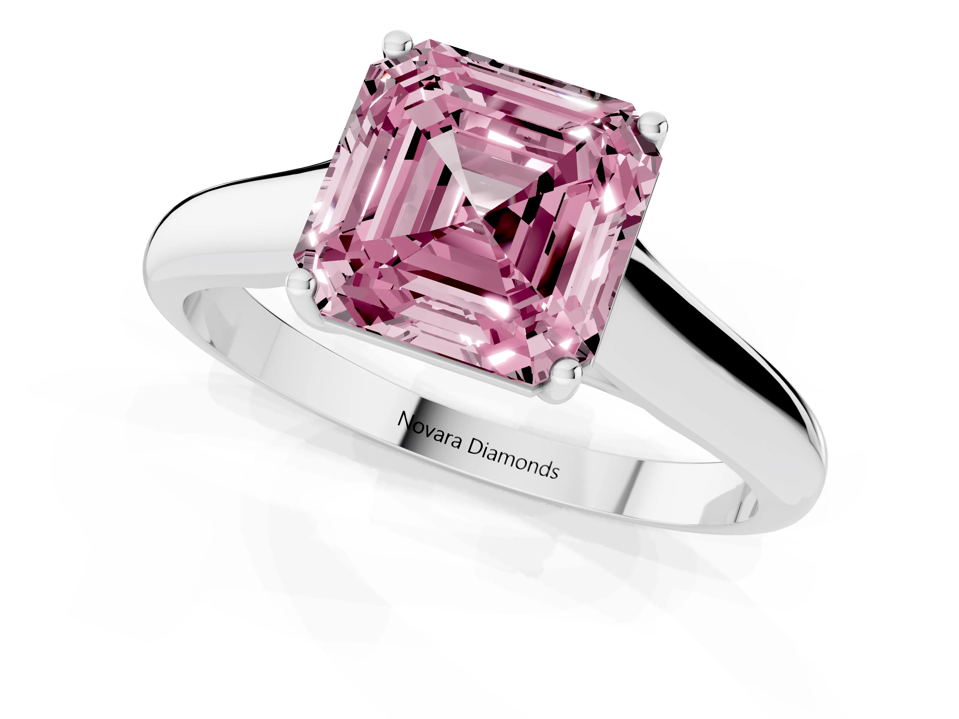 Fancy Pink Asscher Cut Diamond Solitaire Engagement Ring Set in Silver with Subtly Tapered Band and Prong Setting