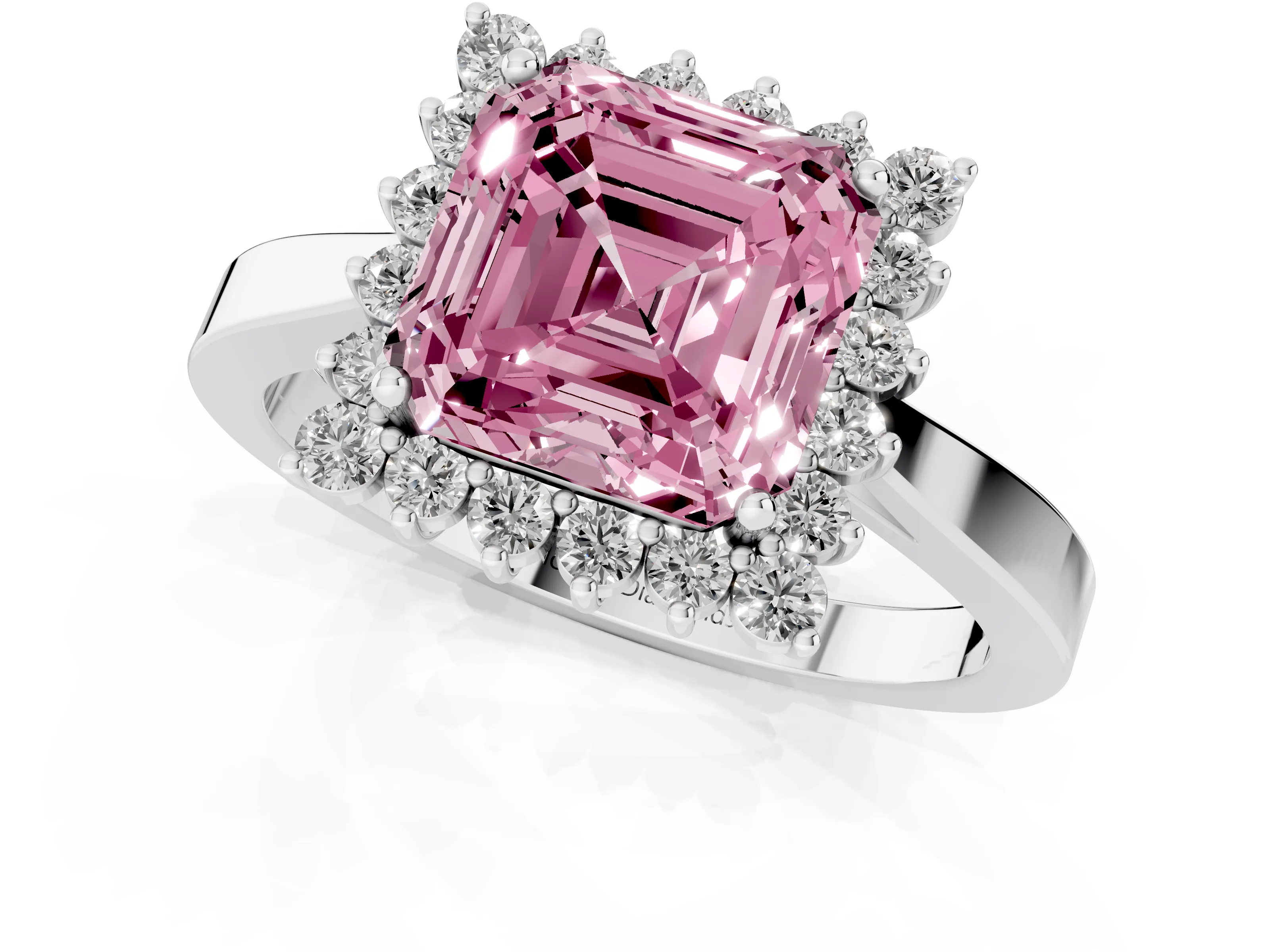 Fancy Pink Asscher Cut Diamond Halo Ring Set in White gold with Round Halo and Smooth Solitaire Band