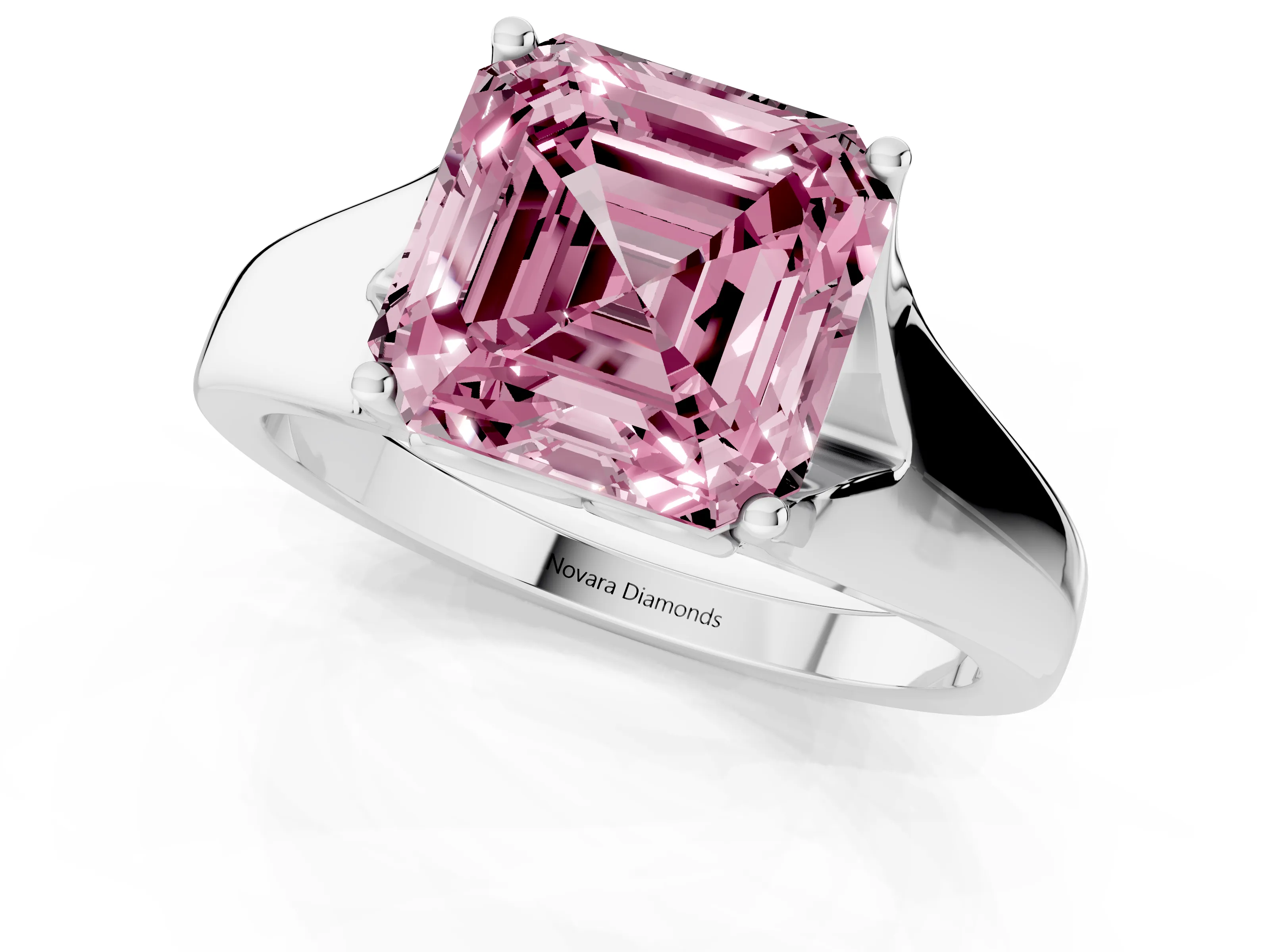 Fancy Pink Asscher Cut Diamond Solitaire Ring Set in Platinum with Arched Cathedral Band and Prong Setting