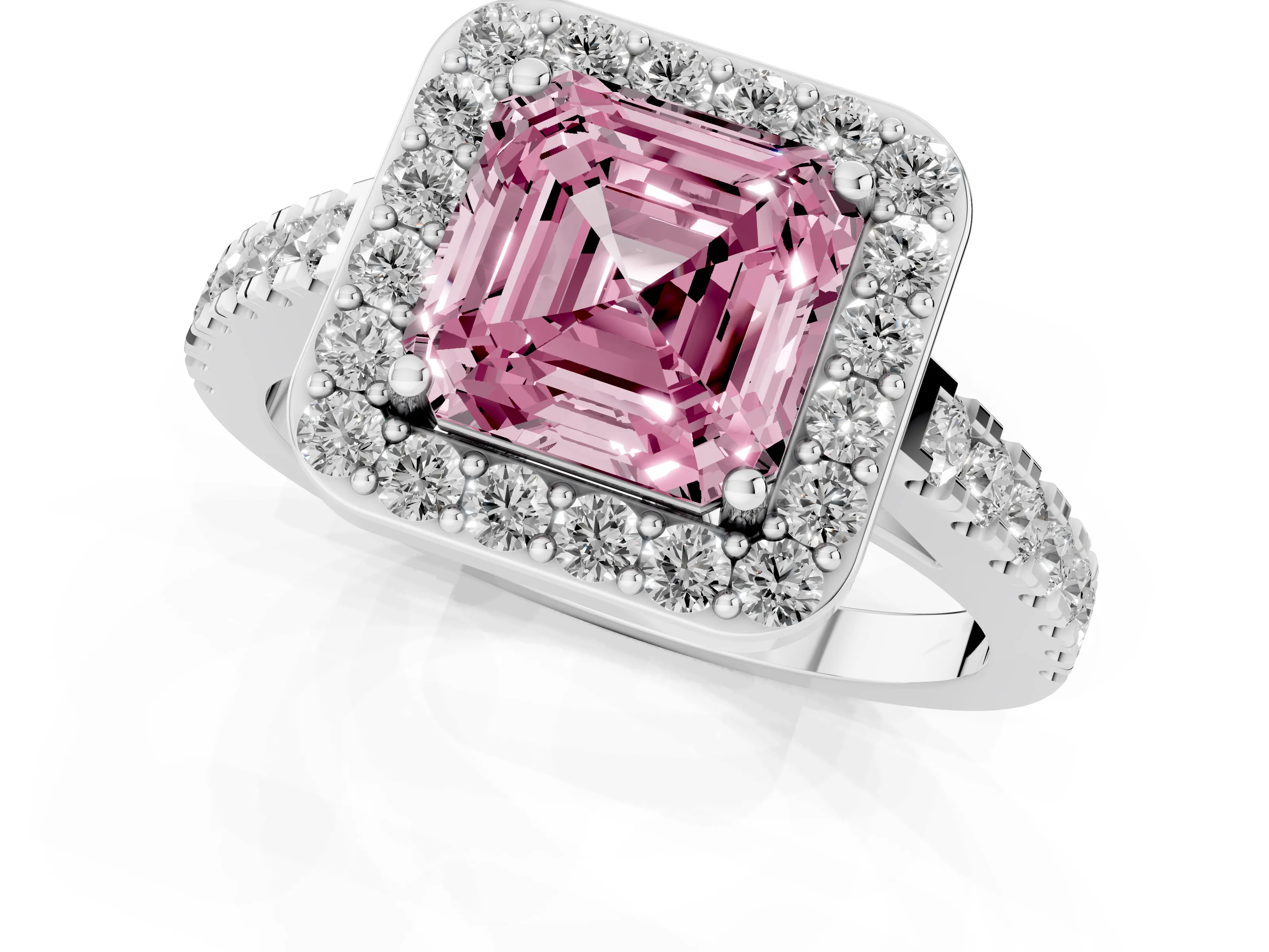 Fancy Pink Asscher Cut Diamond Halo Ring Set in Platinum with Round Pavé Split Shank and Prong Setting
