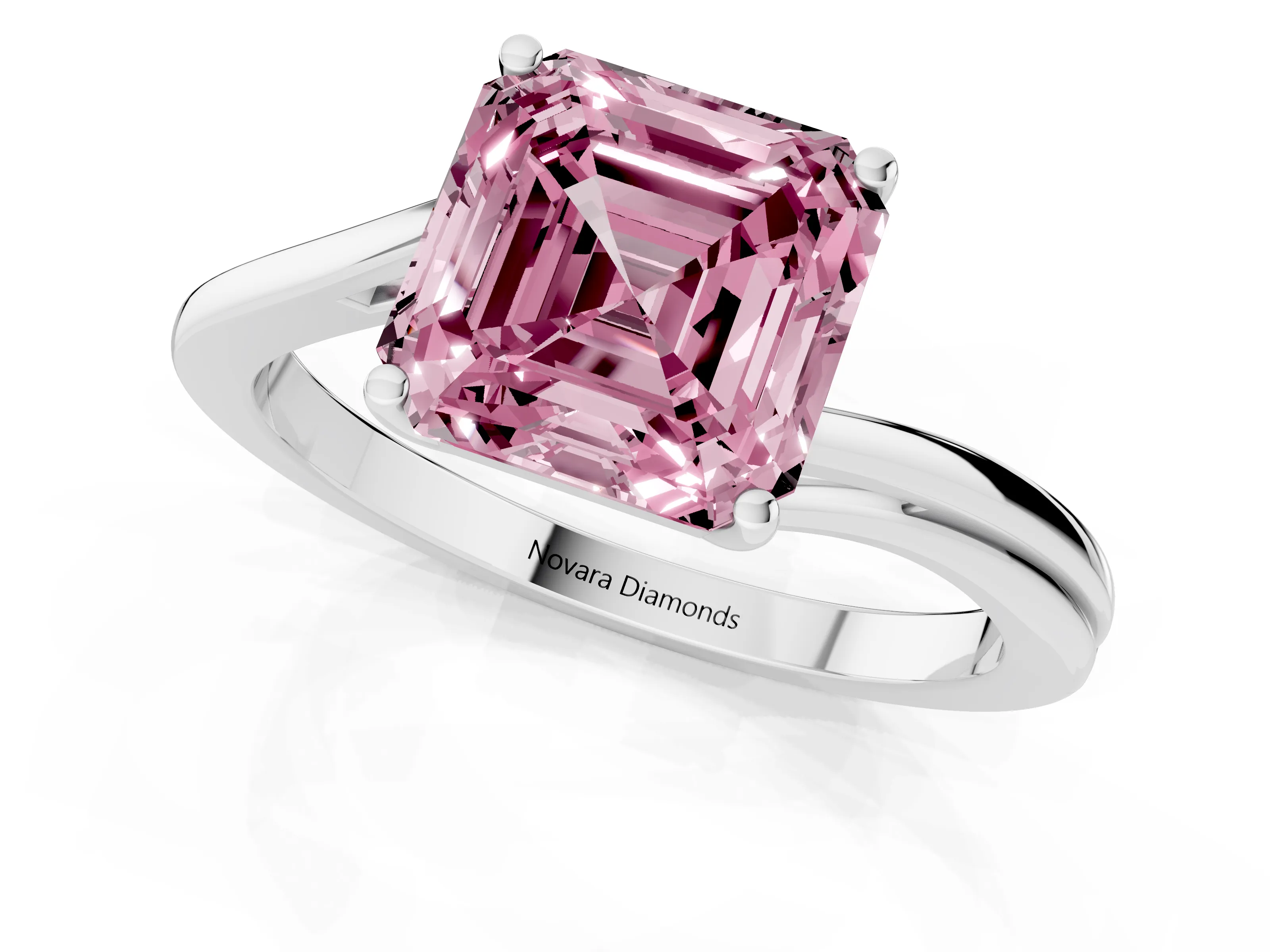 Fancy Pink Asscher Cut Diamond Solitaire Twist Band Ring Set in Platinum with Prong Setting