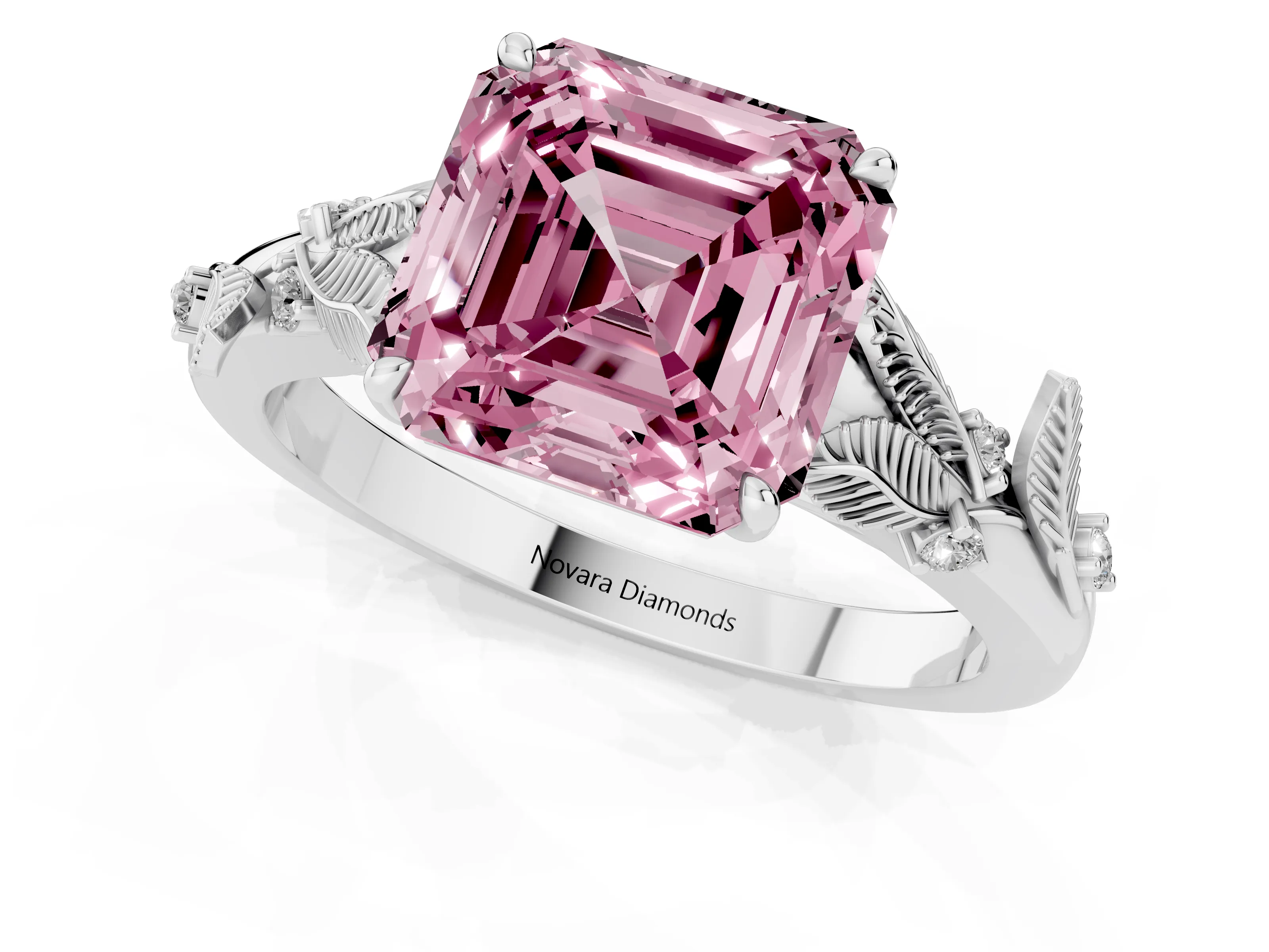 Fancy Pink Asscher Cut Diamond Solitaire Ring Set in White gold with Leaf Motif Band