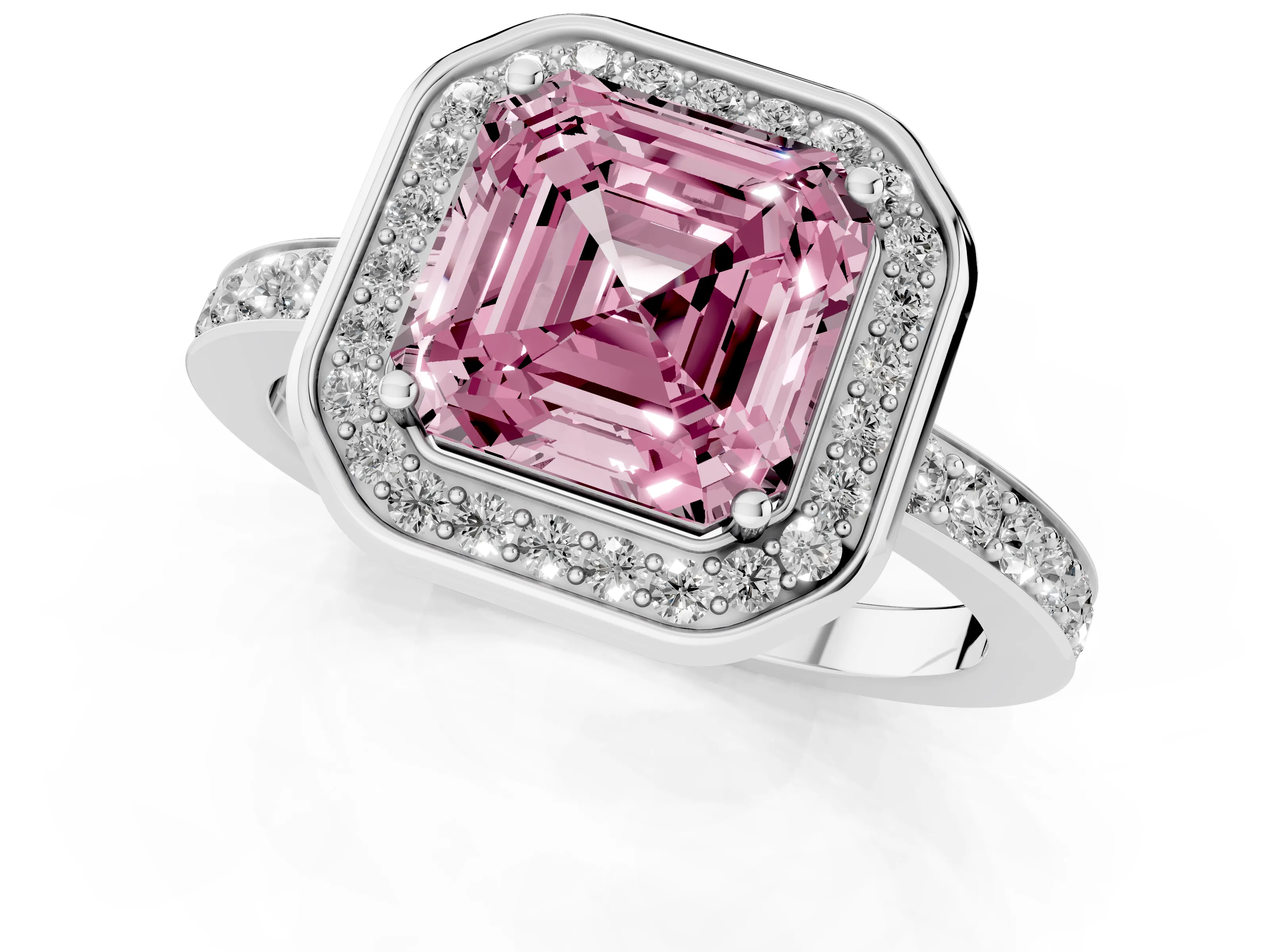 Fancy Pink Asscher Cut Diamond Halo Ring Set in White gold with Bezel Frame and Pavé Band