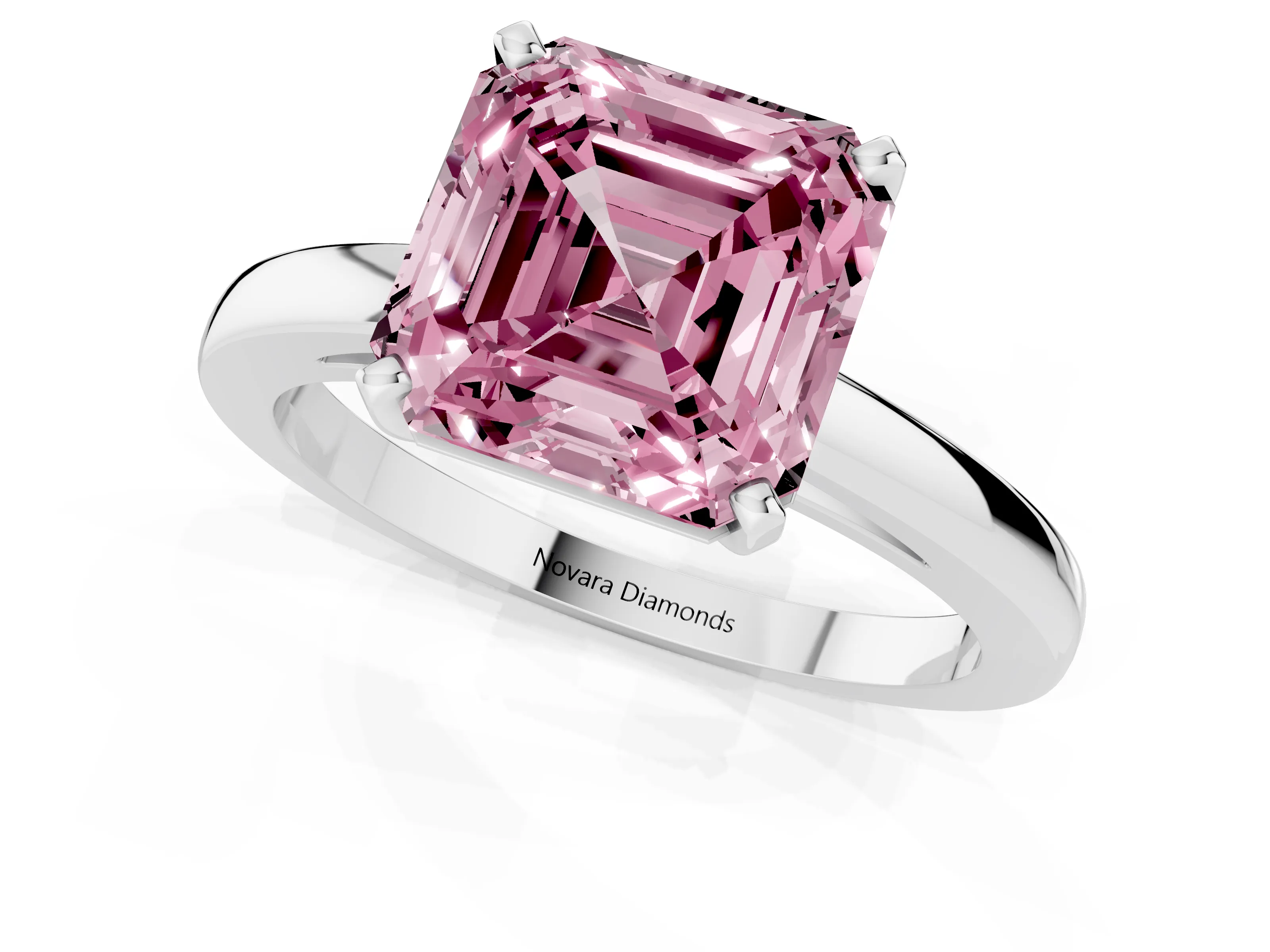 Fancy Pink Asscher Cut Diamond Solitaire Engagement Ring Set in Platinum with Prong Setting on a Classic Band