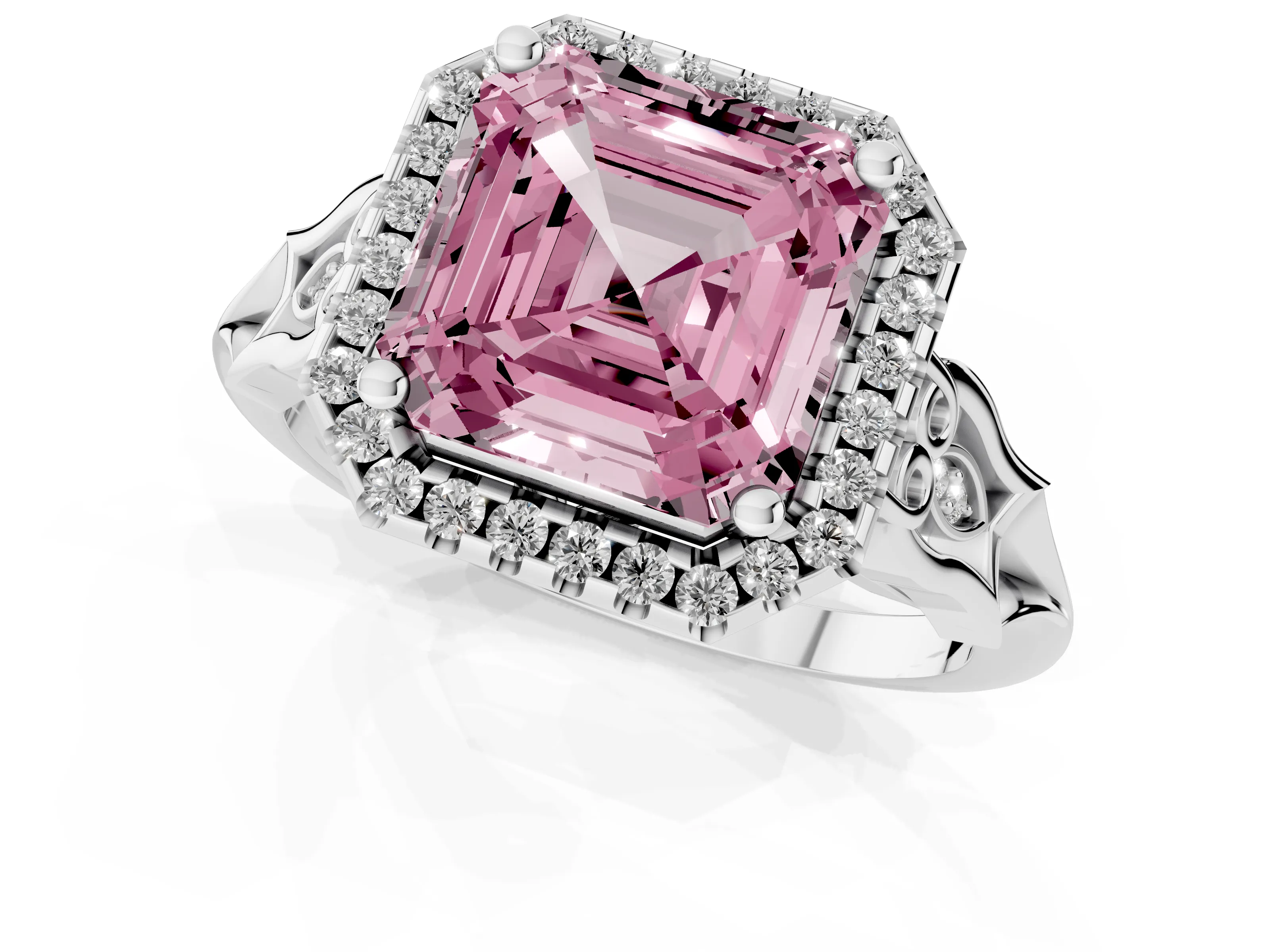 Fancy Pink Asscher Cut Diamond Halo Engagement Ring Set in Silver with Filigree Band and Prong-Set Center