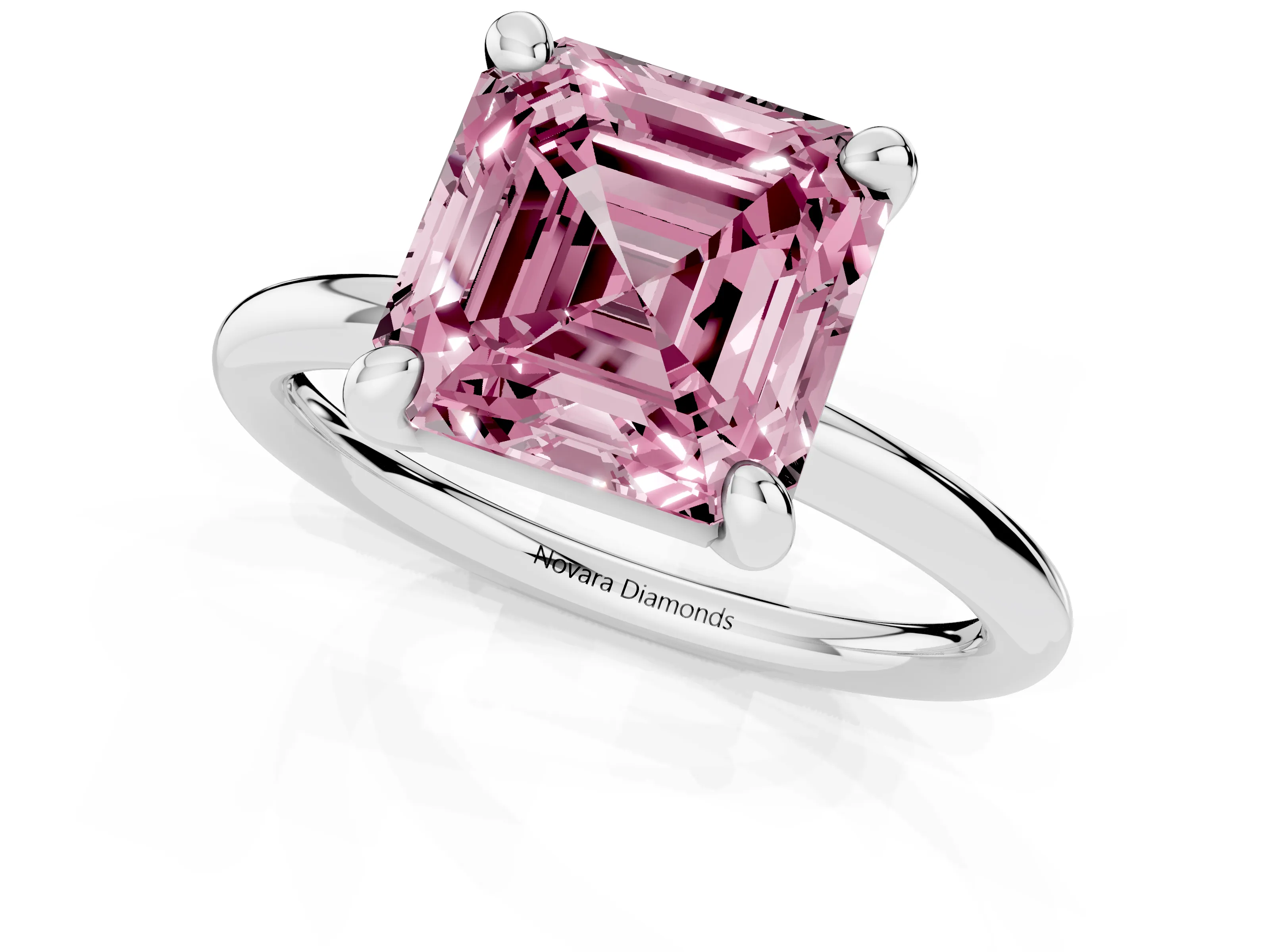 Fancy Pink Asscher Cut Diamond Solitaire Ring Set in White gold with Prong Setting on a Polished Plain Band