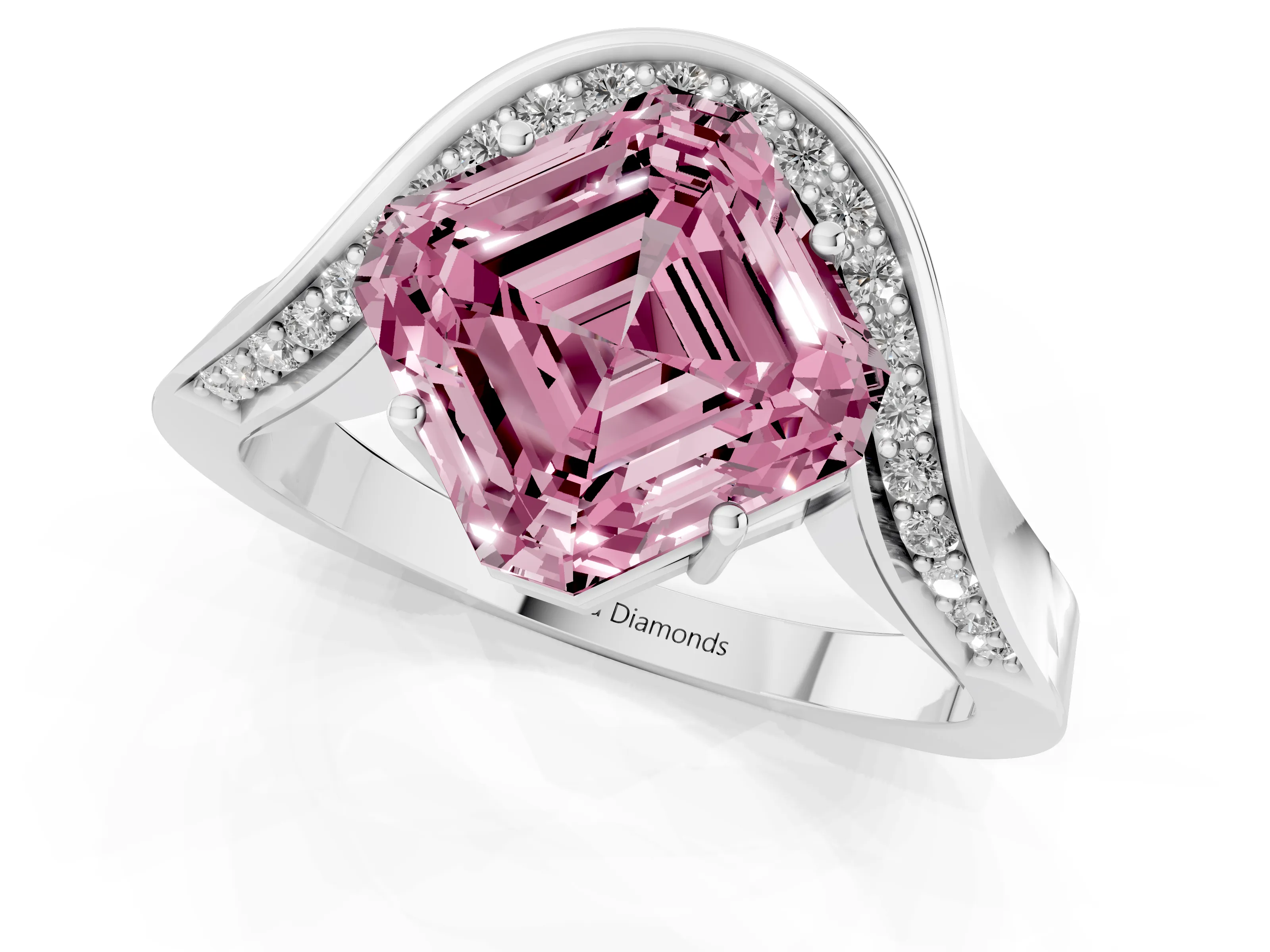 Fancy Pink Asscher Cut Diamond Solitaire Engagement Ring Set in Silver with Pavé Shoulders