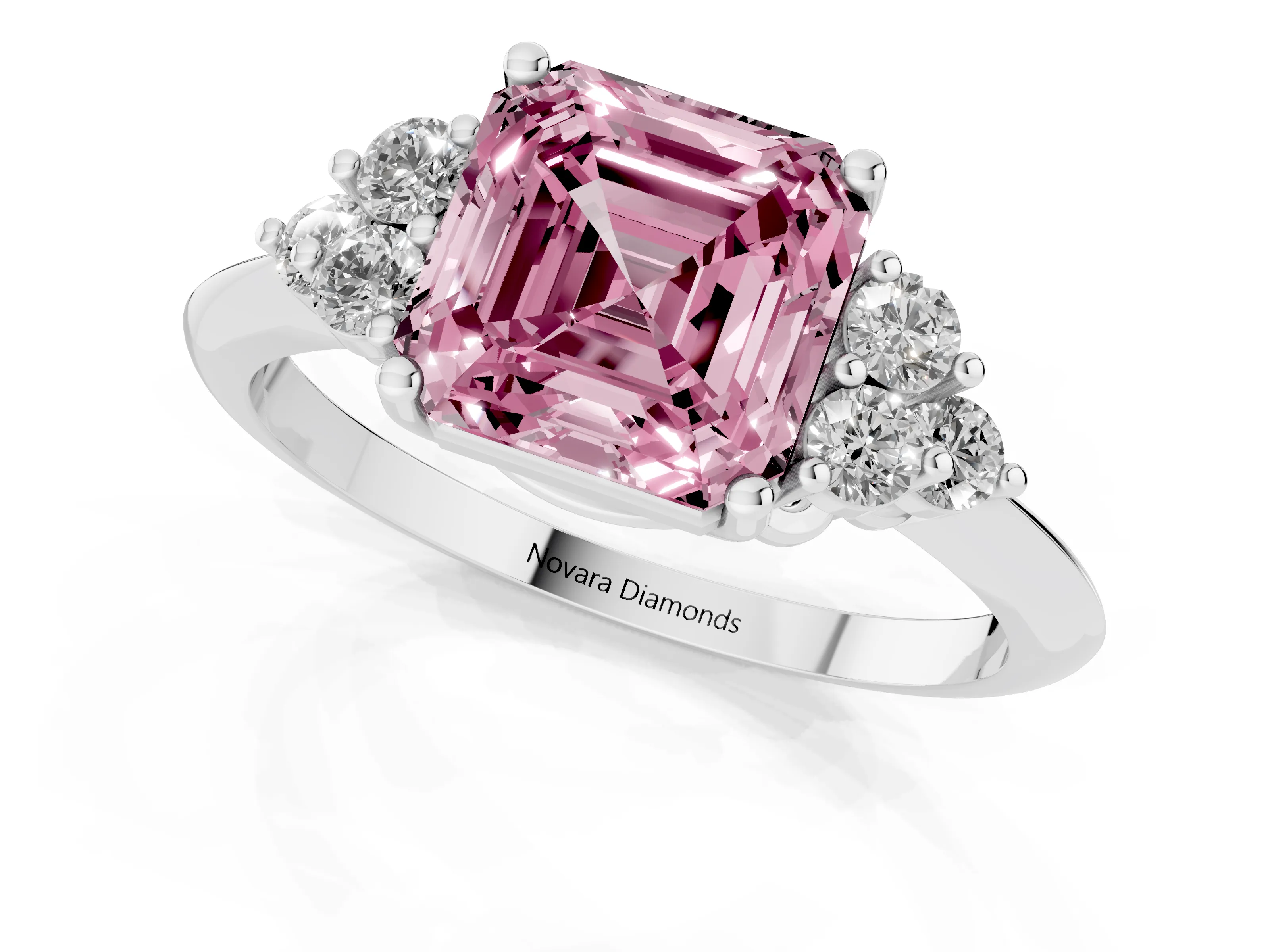 Fancy Pink Asscher Cut Diamond Cluster Ring Set in White gold with Plain Band and Prong Setting