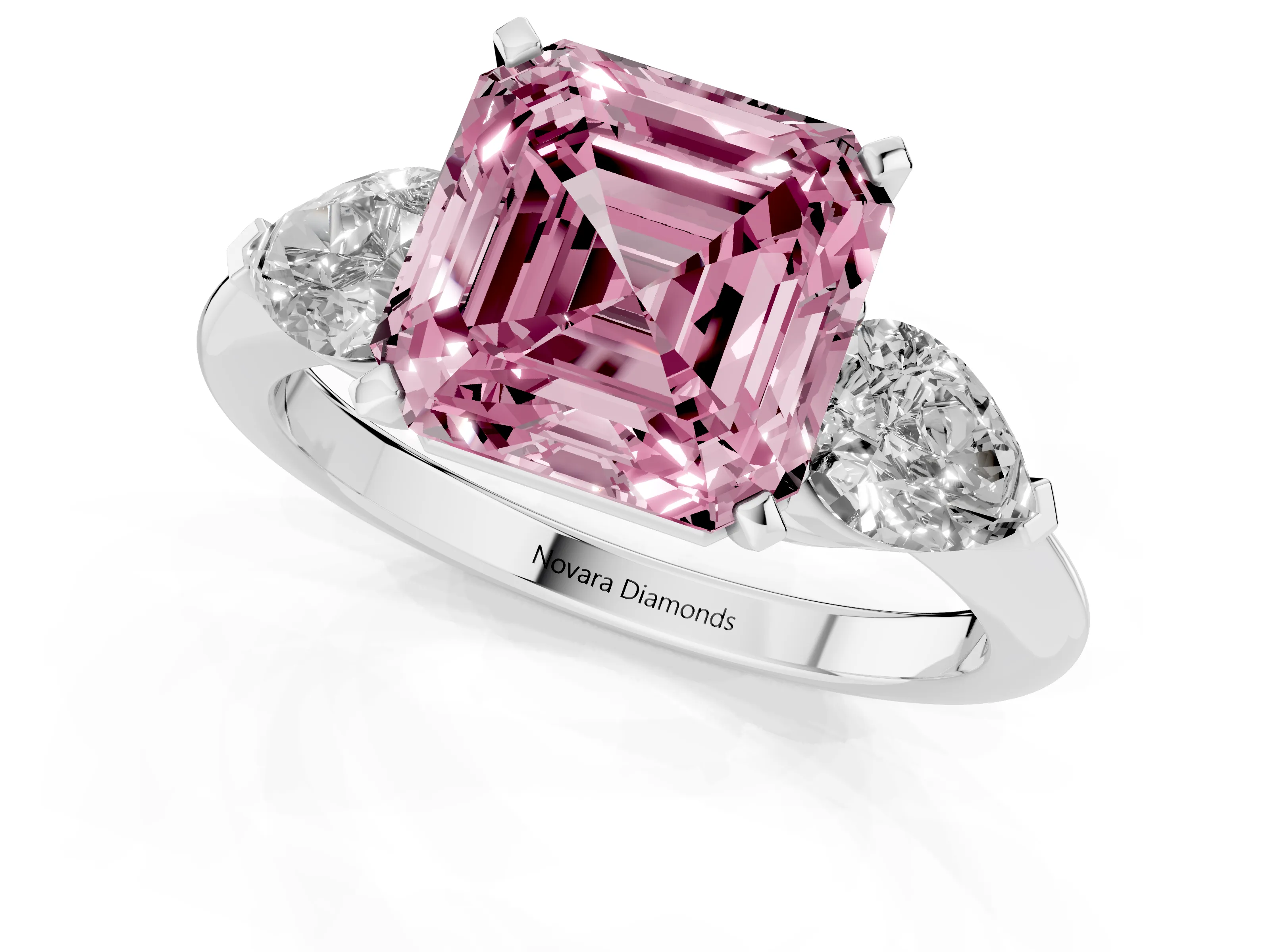 Fancy Pink Three-Stone Asscher Cut Diamond Ring Set in Silver with Pear Side Stones and Prong Setting