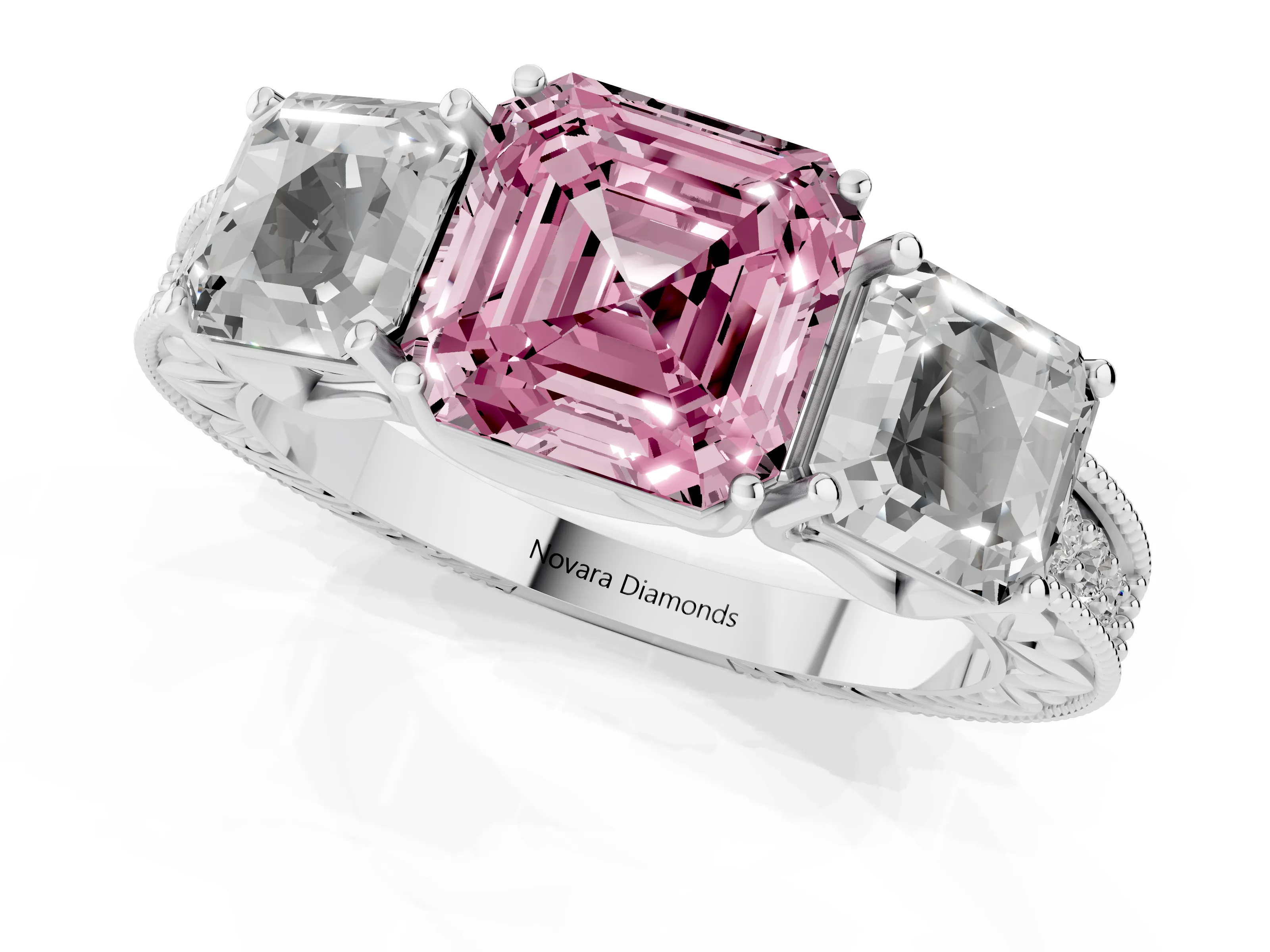 Fancy Pink Asscher Cut Diamond Three-Stone Engagement Ring Set in Silver with Milgrain Pavé Band