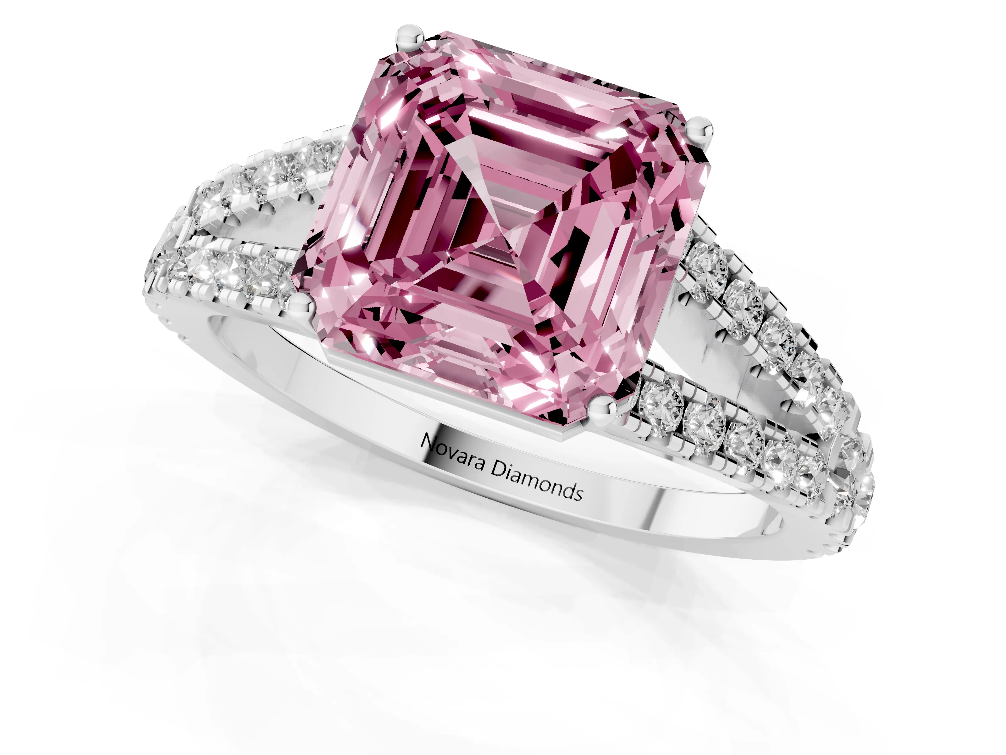 Fancy Pink Asscher Cut Diamond Split Shank Pavé Engagement Ring Set in Platinum with Prong-Held Center Stone – second view