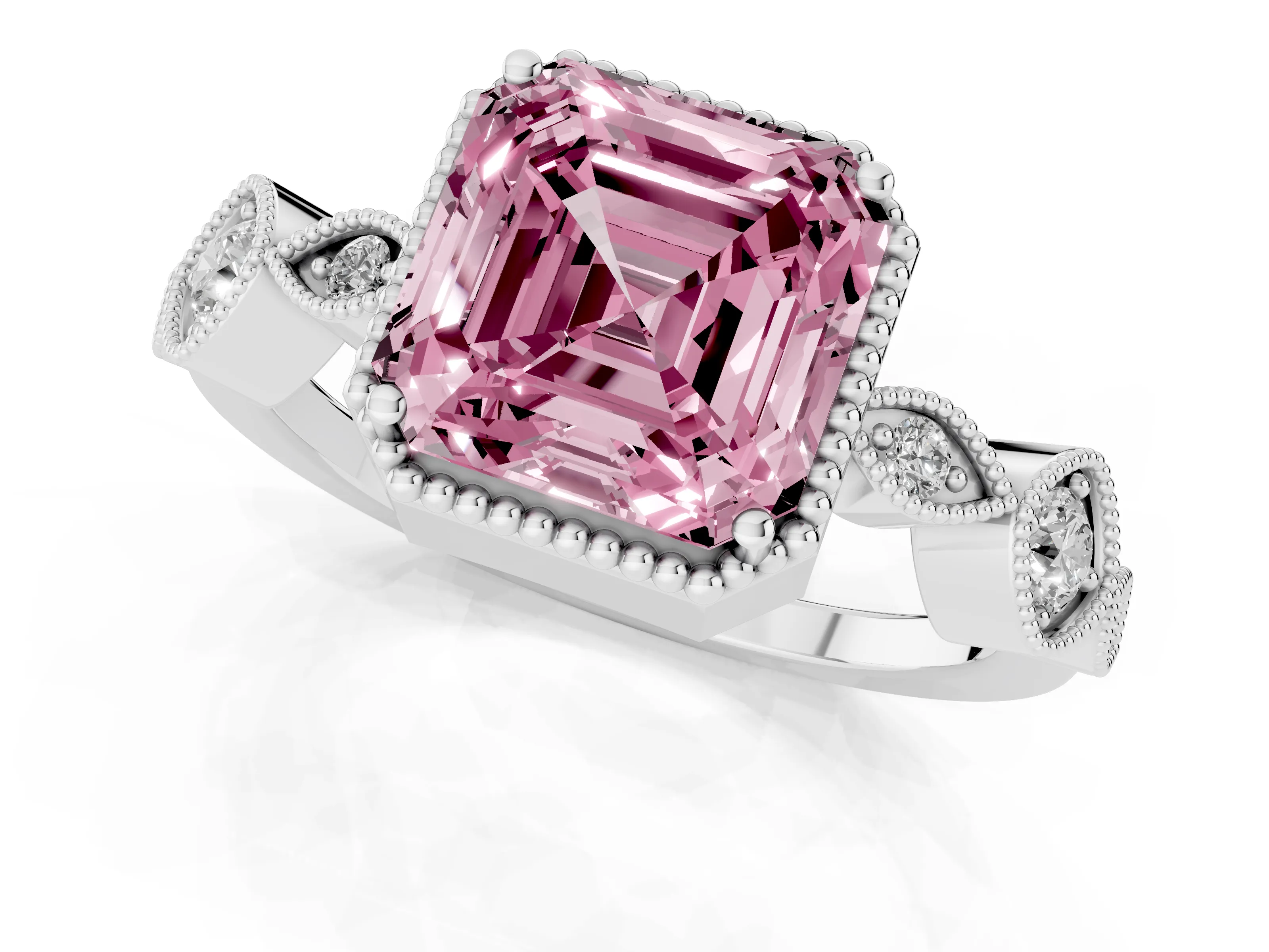 Fancy Pink Asscher Cut Diamond Vintage-Inspired Milgrain Ring Set in Platinum with Marquise Stations of Round Accents
