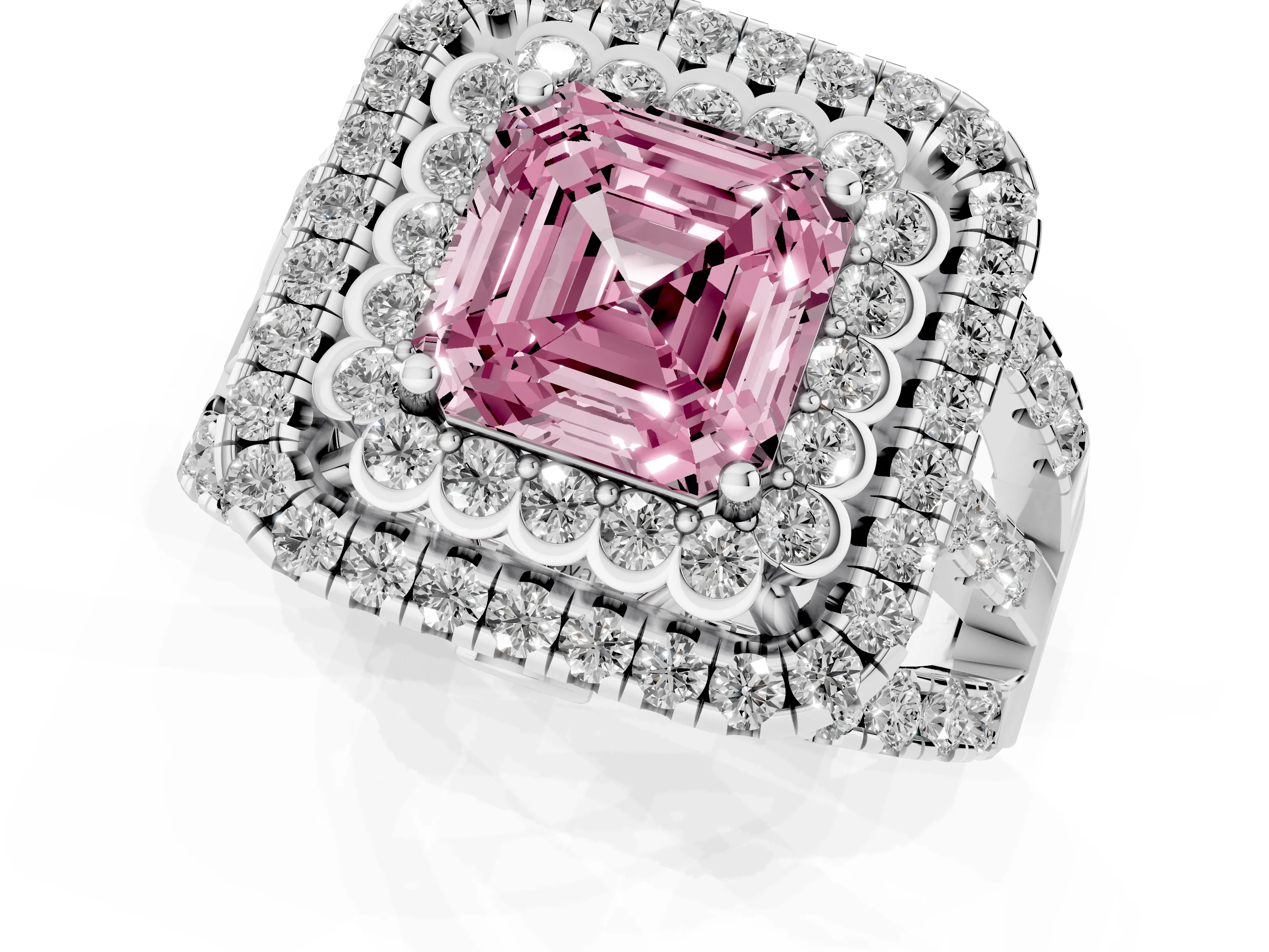 Fancy Pink Asscher Cut Diamond Double Halo Ring Set in White gold with Round Pavé Split Shank