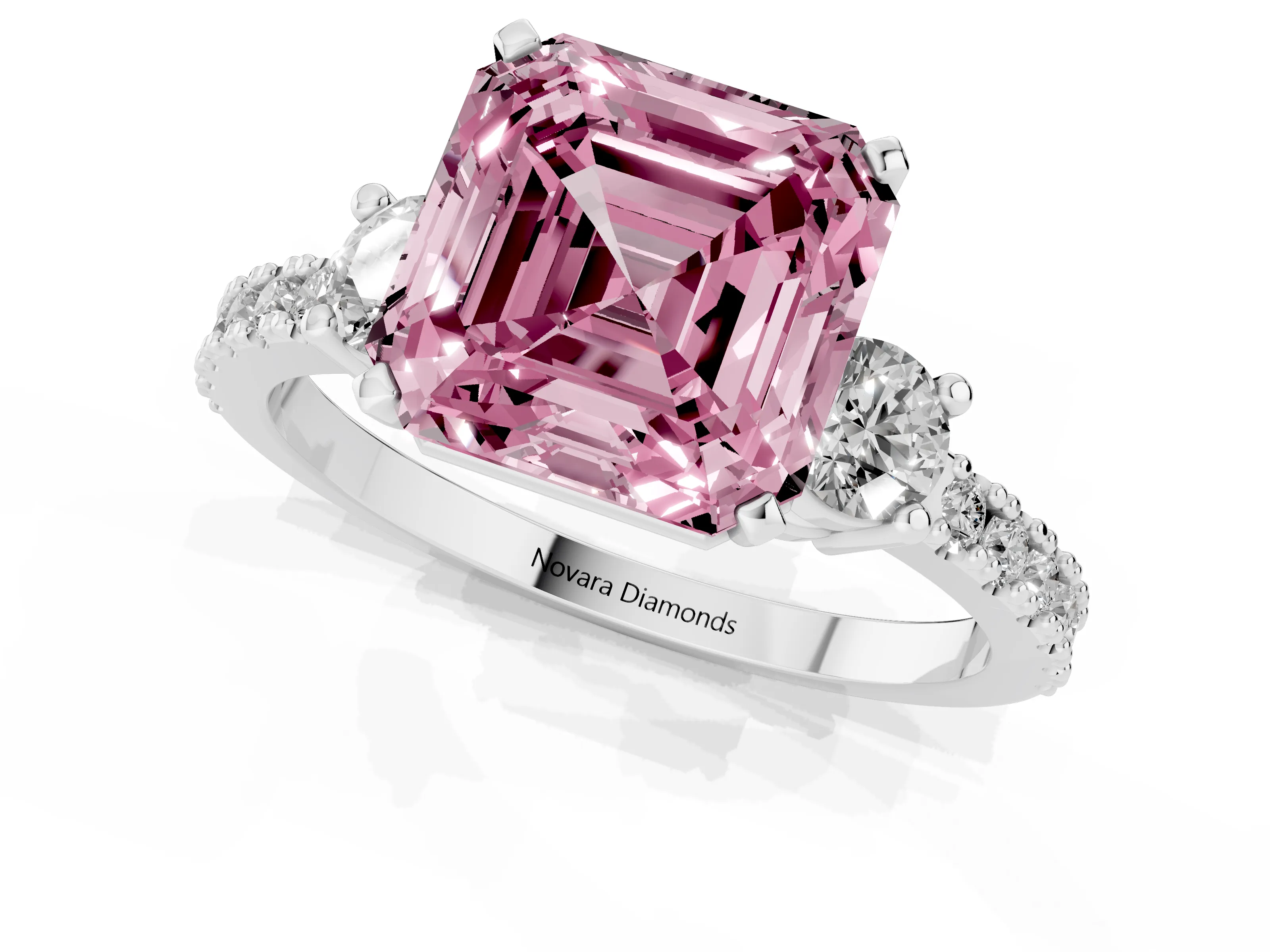 Fancy Pink Three-Stone Asscher Cut Diamond Pavé Band Ring Set in Platinum with Prong Setting