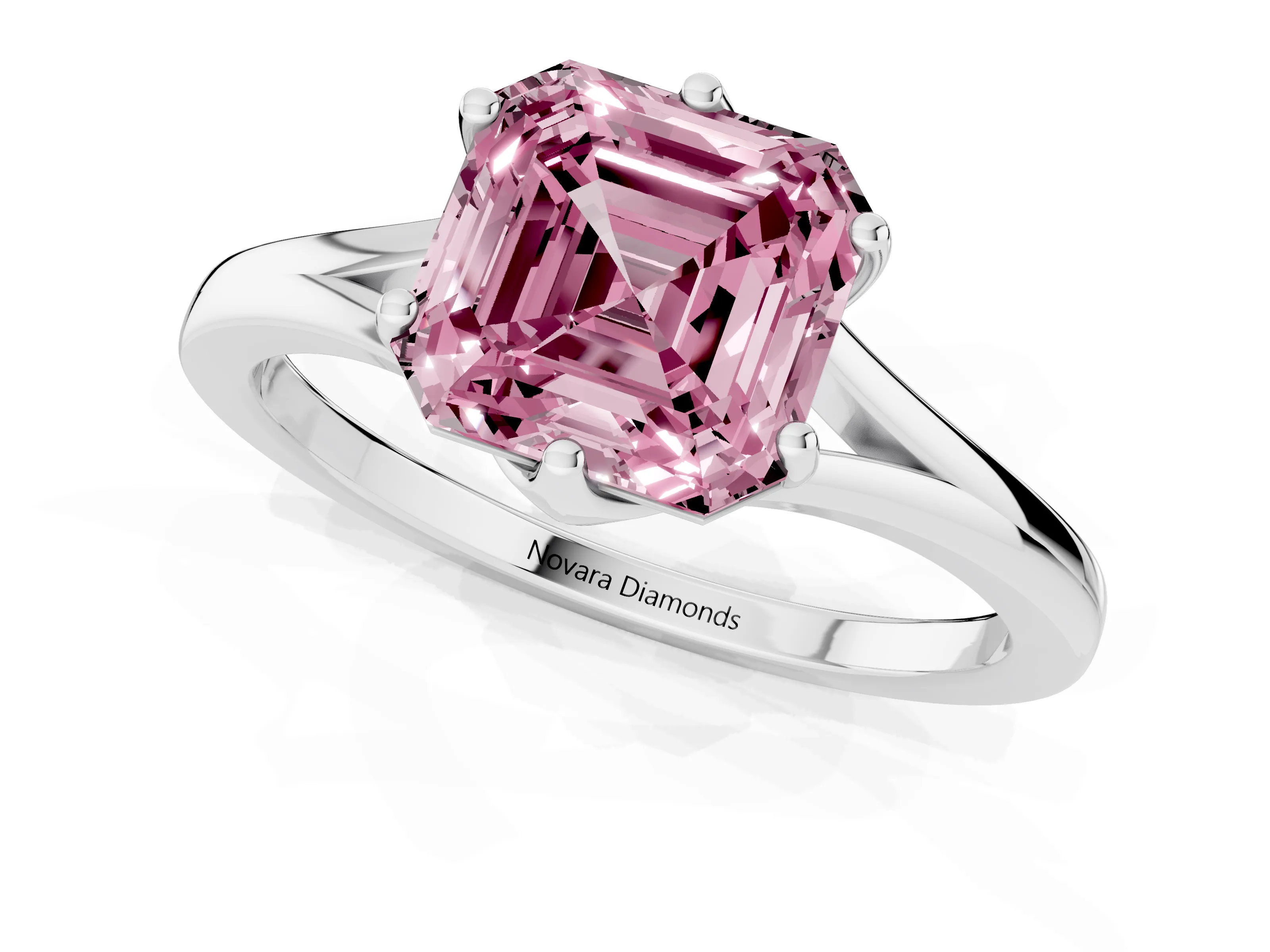 Fancy Pink Asscher Cut Diamond Solitaire Ring Set in White gold with Polished Tapered Band and Prong Setting