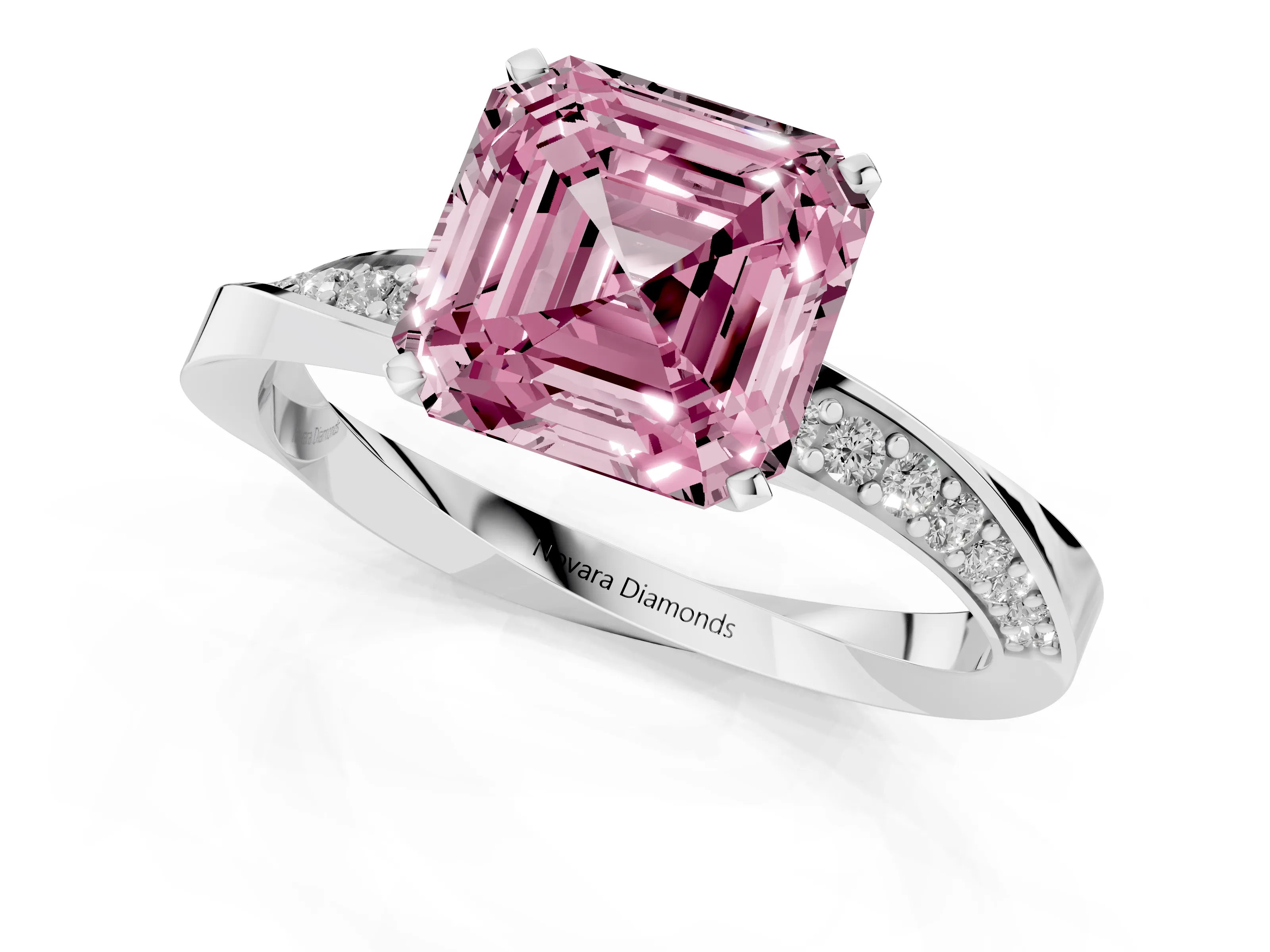 Fancy Pink Asscher Cut Diamond Engagement Ring Set in White gold with Side Stone Accents and Prong Setting