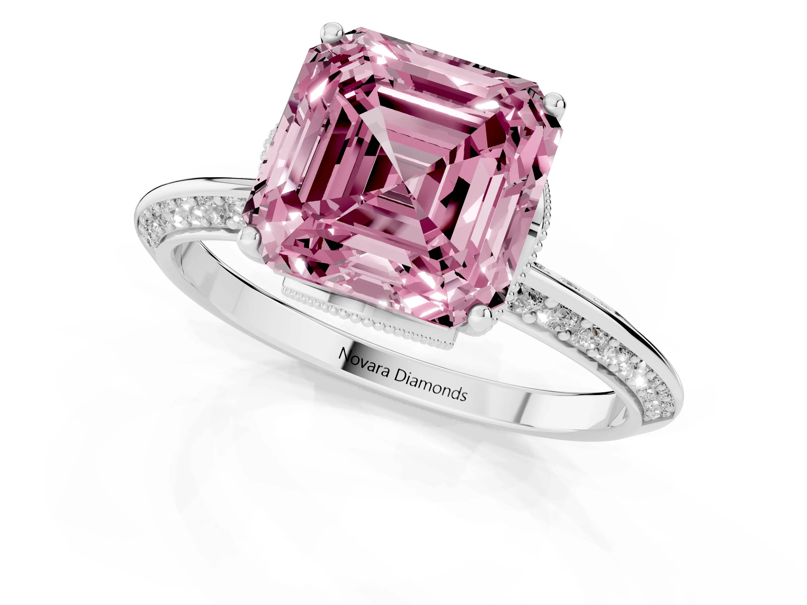 Fancy Pink Asscher Cut Diamond Solitaire Engagement Ring Set in Silver with Pavé Split Shank and Prong Setting