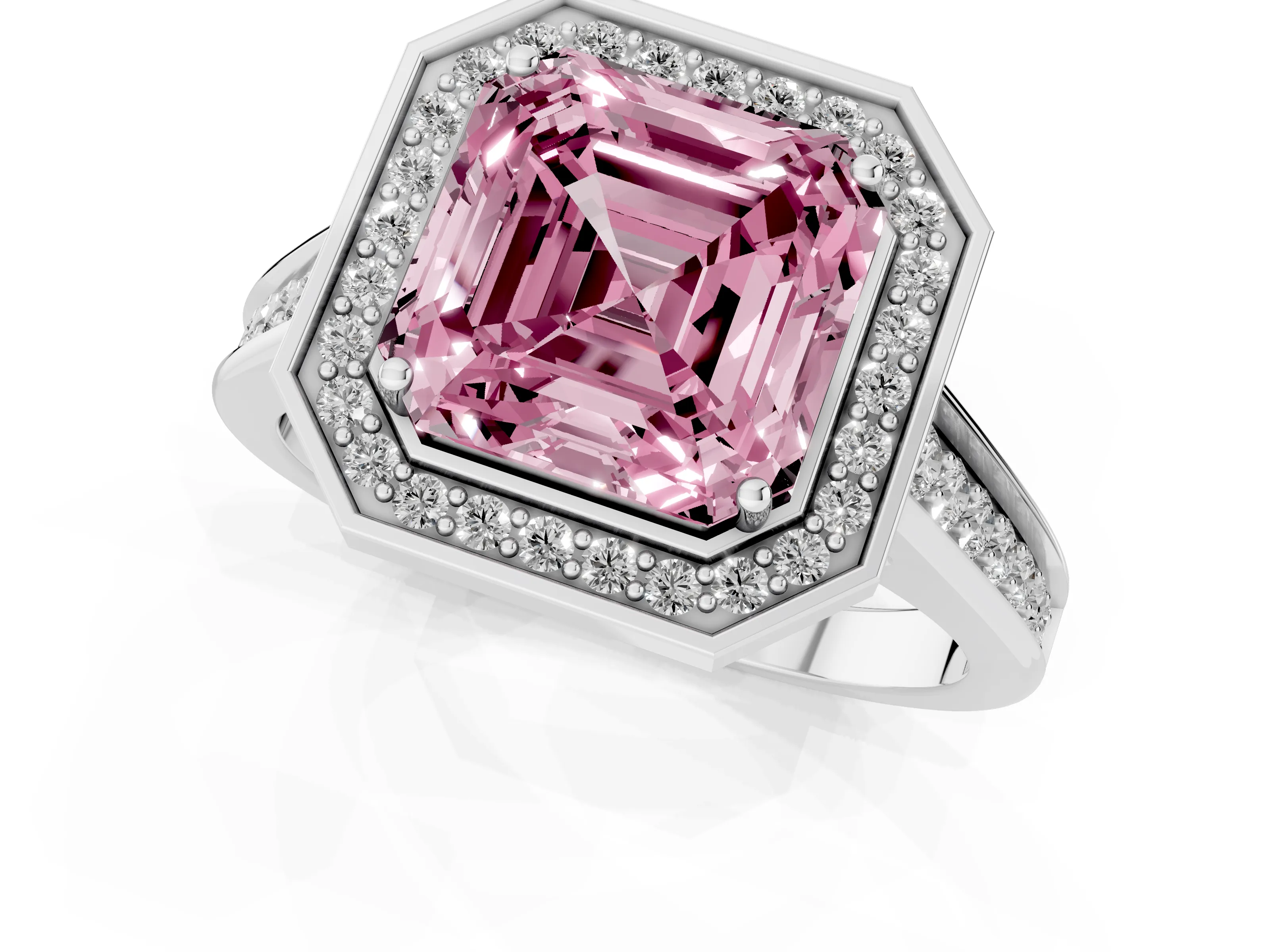 Fancy Pink Asscher Cut Diamond Halo Solitaire Ring Set in Platinum with Pavé Band and Bezel Setting